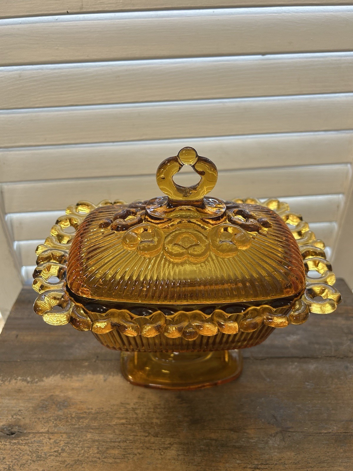 Indiana Glass Company “Lace Edge” Amber candy dish