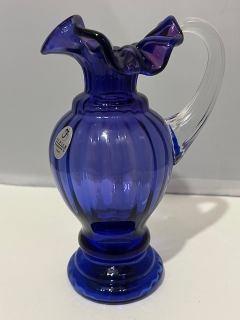 VTG 6″ Fenton Royal Blue Purple signed Small Pitcher Ruffled Edge-ridged Handle