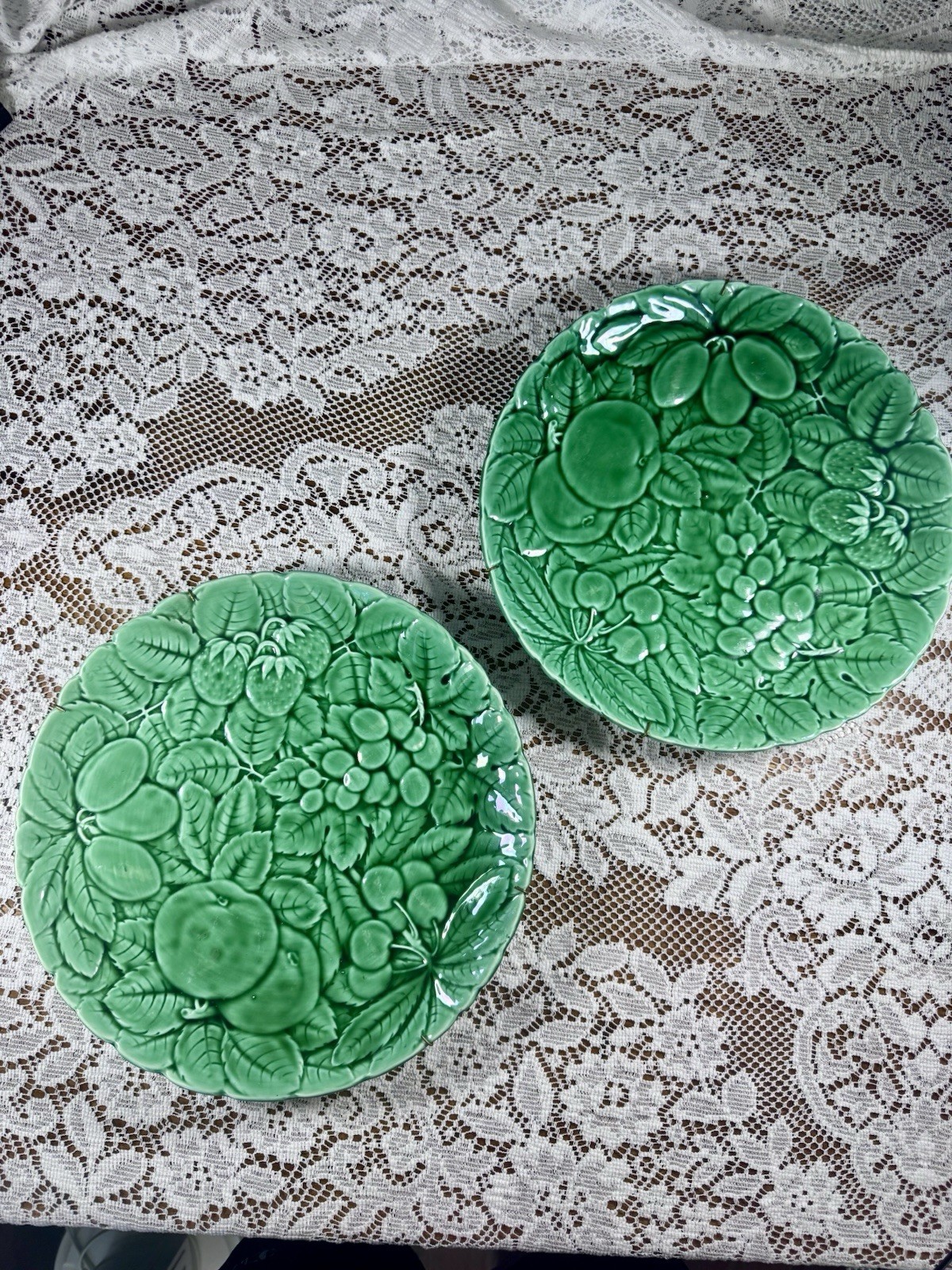 Pair Sarreguemines France Green Majolica Fruit Wall Plates 12” Vintage Decor