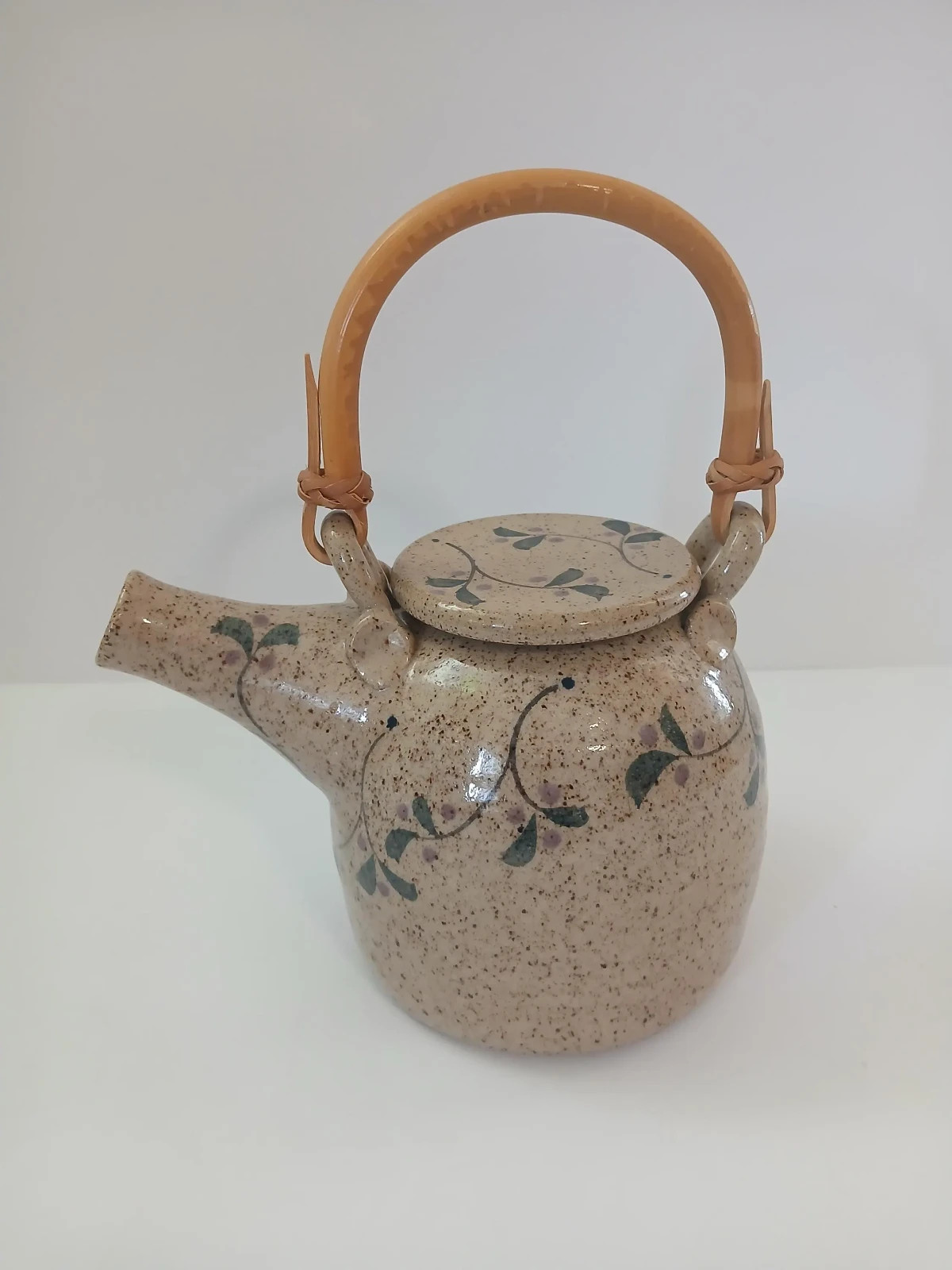 90s Cottagecore Speckled Stoneware Teapot with Bamboo Handle Hand-painted Floral