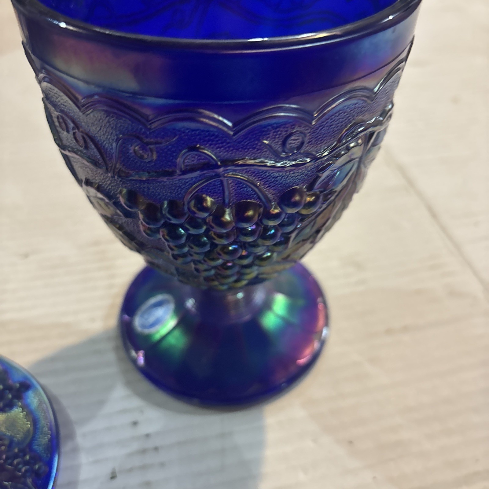 Imperial Blue Carnival Glass Harvest Grape Candy Dish Lid Compote With Sticker