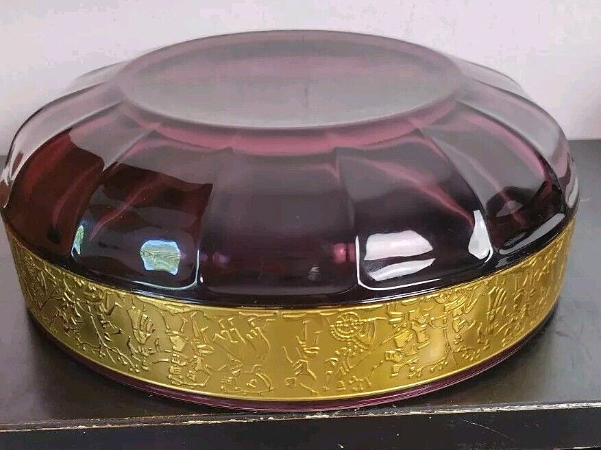 Antique Moser Amethyst Art Glass Bowl W/ Gilded Cameo Frieze 1920s Art Nouveau