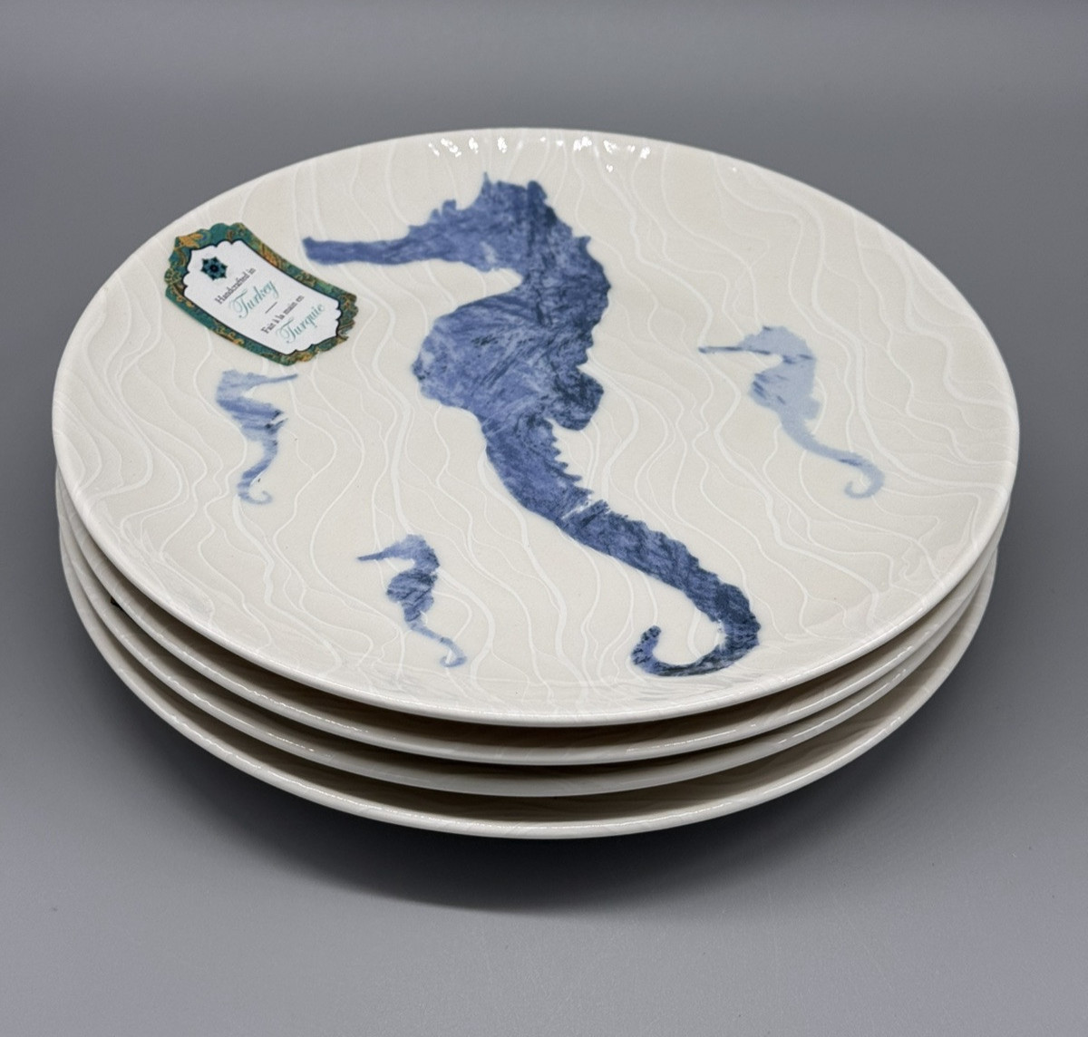 x4 Intesa Blue Seahorse Salad Side Plate Set Ocean Beach Reef Coastal Turkey 8″