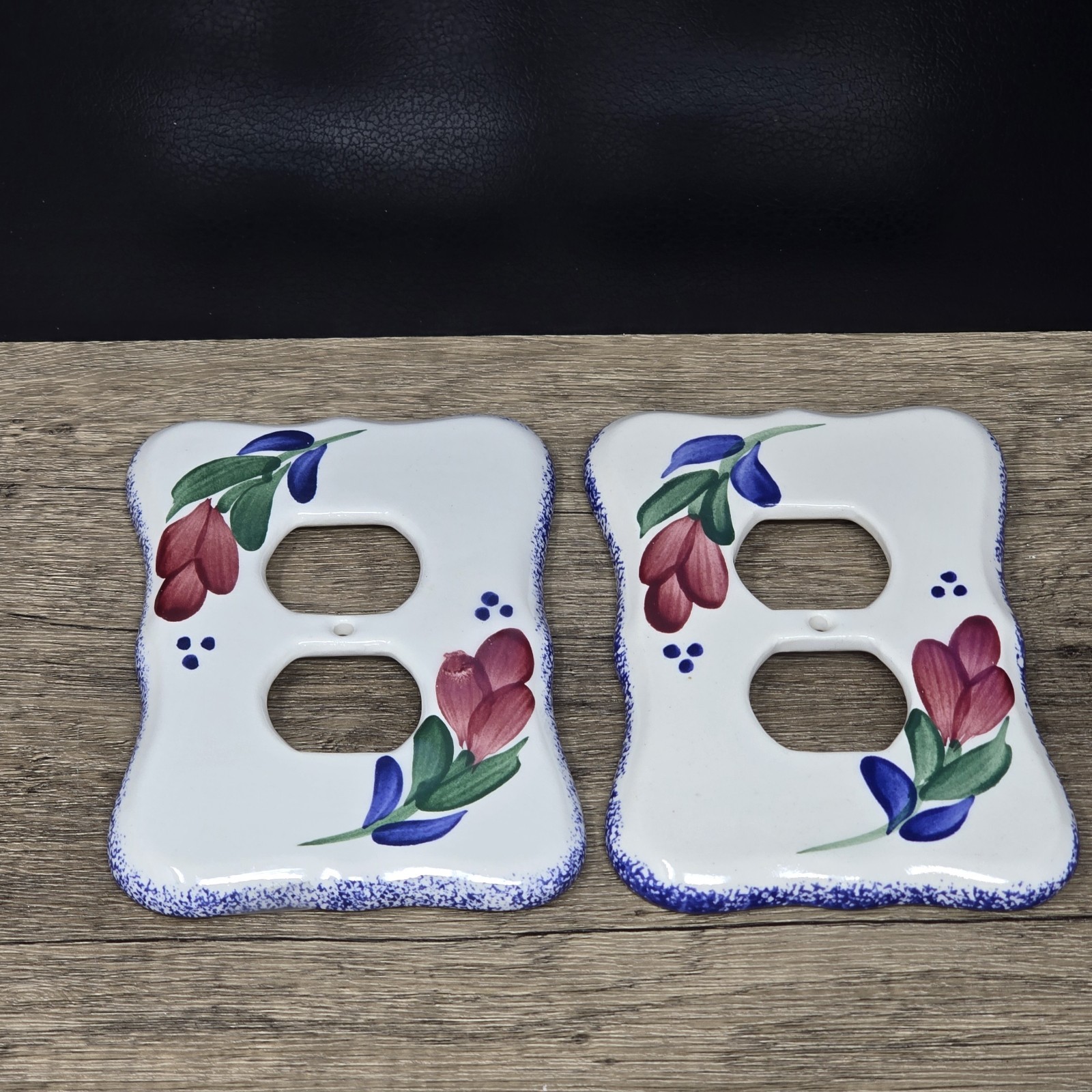 2- Vtg Pottery by Levine Wall Plates Outlet Cover Flowers Blue 90s