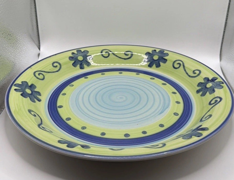 Mulberry Stoneware Dinner Plate Green Blue White Swirls Dots Floral
