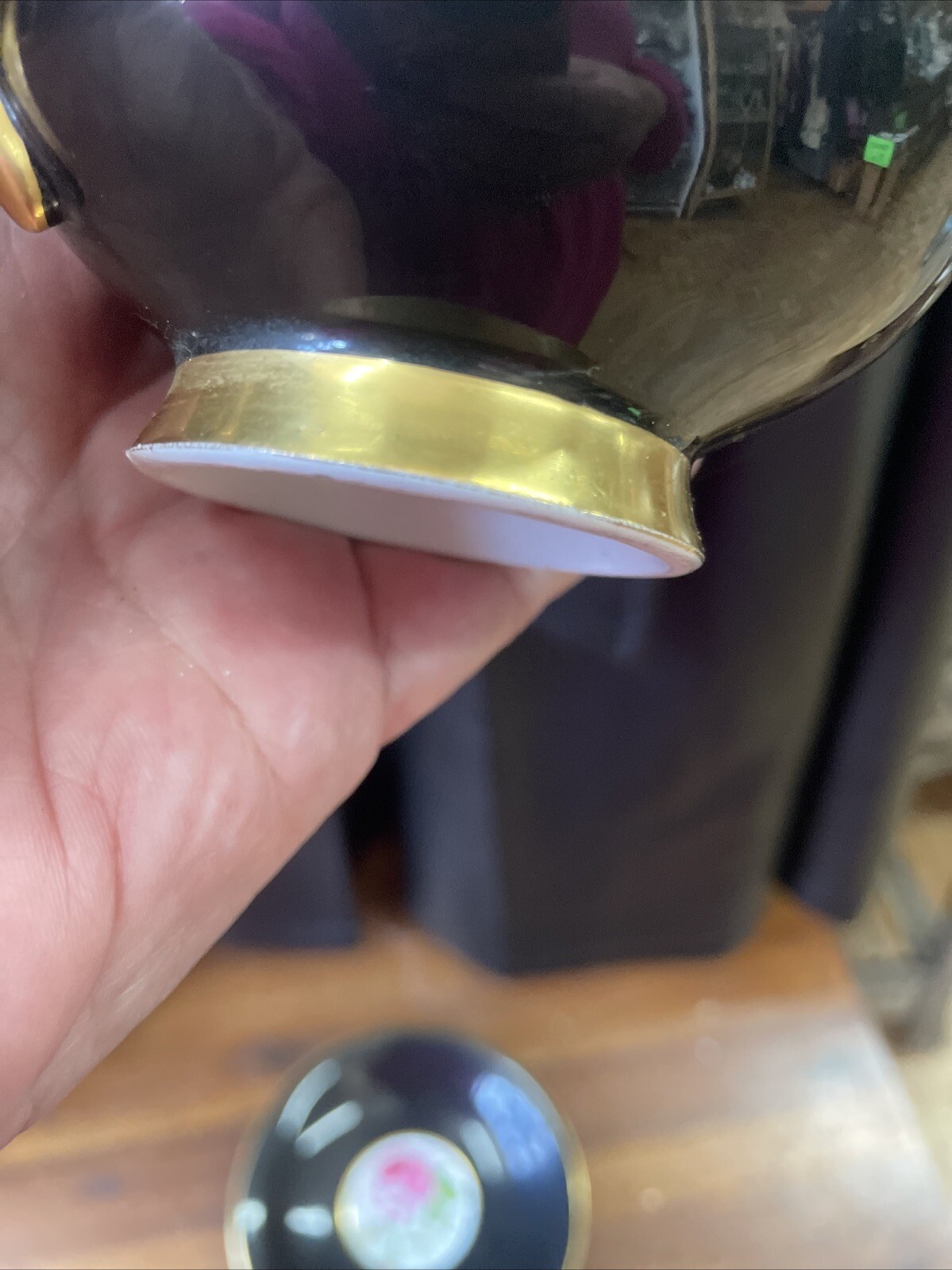 Antique Rare English Windsor Black Gilded Floating Rose Teacup & Saucer Set