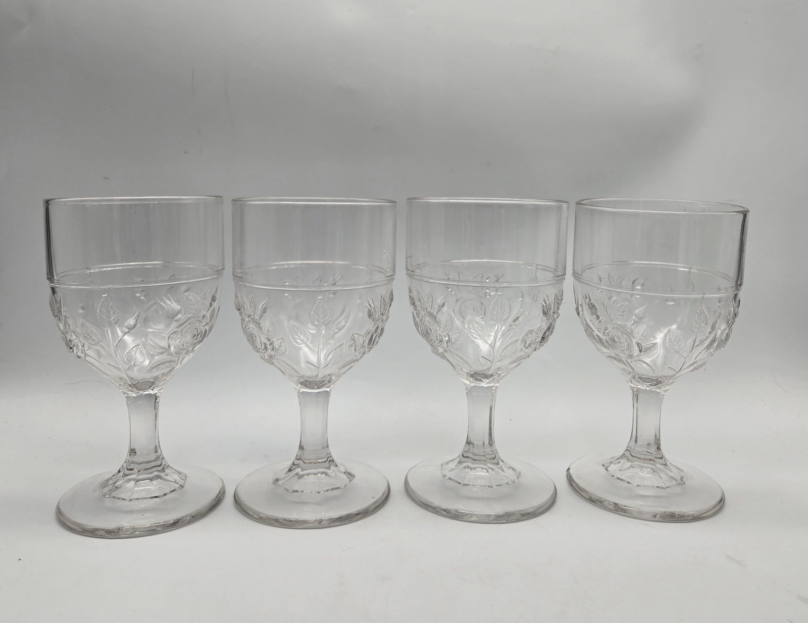1870s Open Rose AKA Moss by Unknown Clear Glass Goblet Vtg Antique Set Of 4