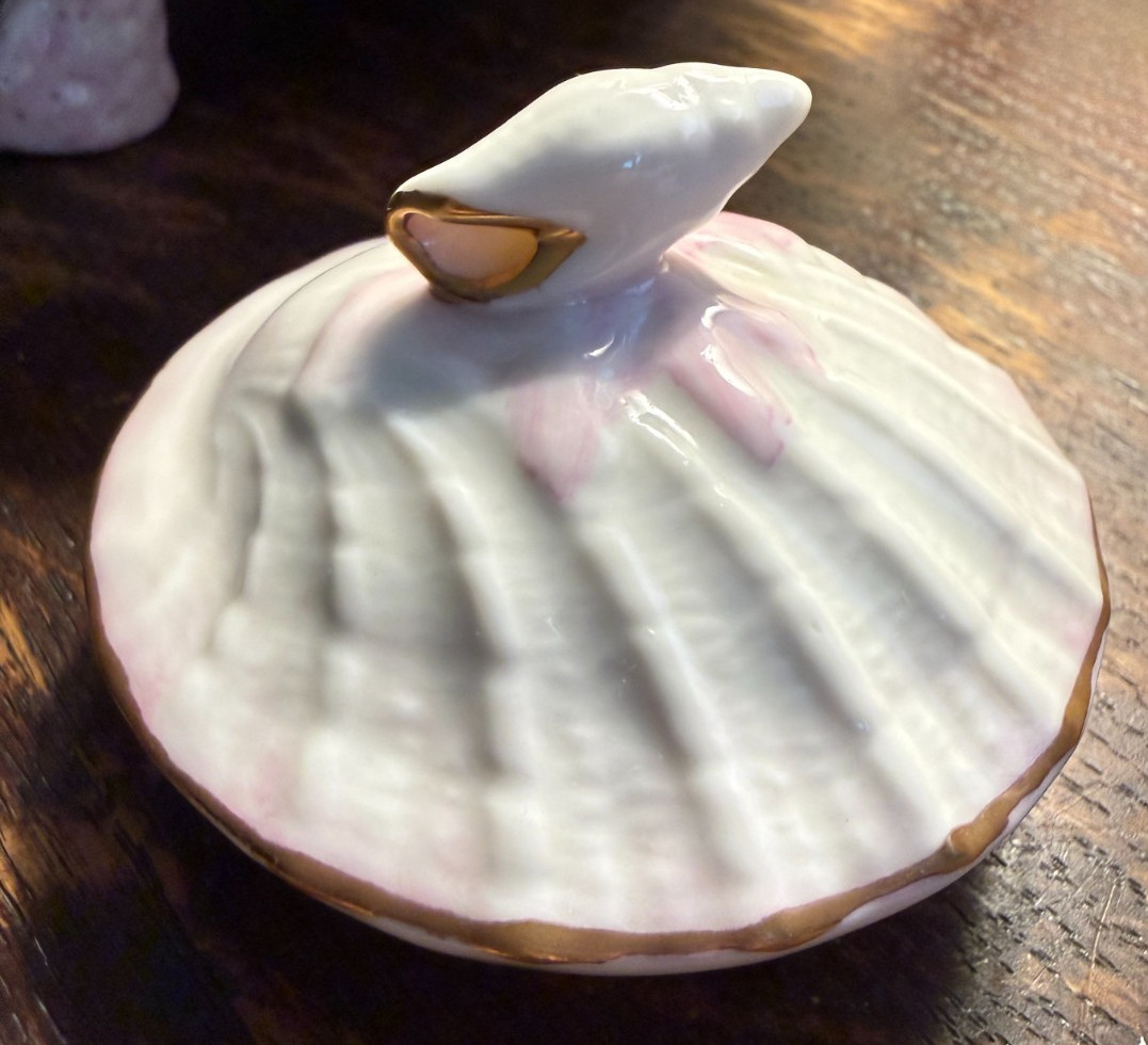 BELLEEK PINK NEPTUNE SEA SHELLS TEAPOT, SUGAR BOWL, CREAMER MINT CONDITION