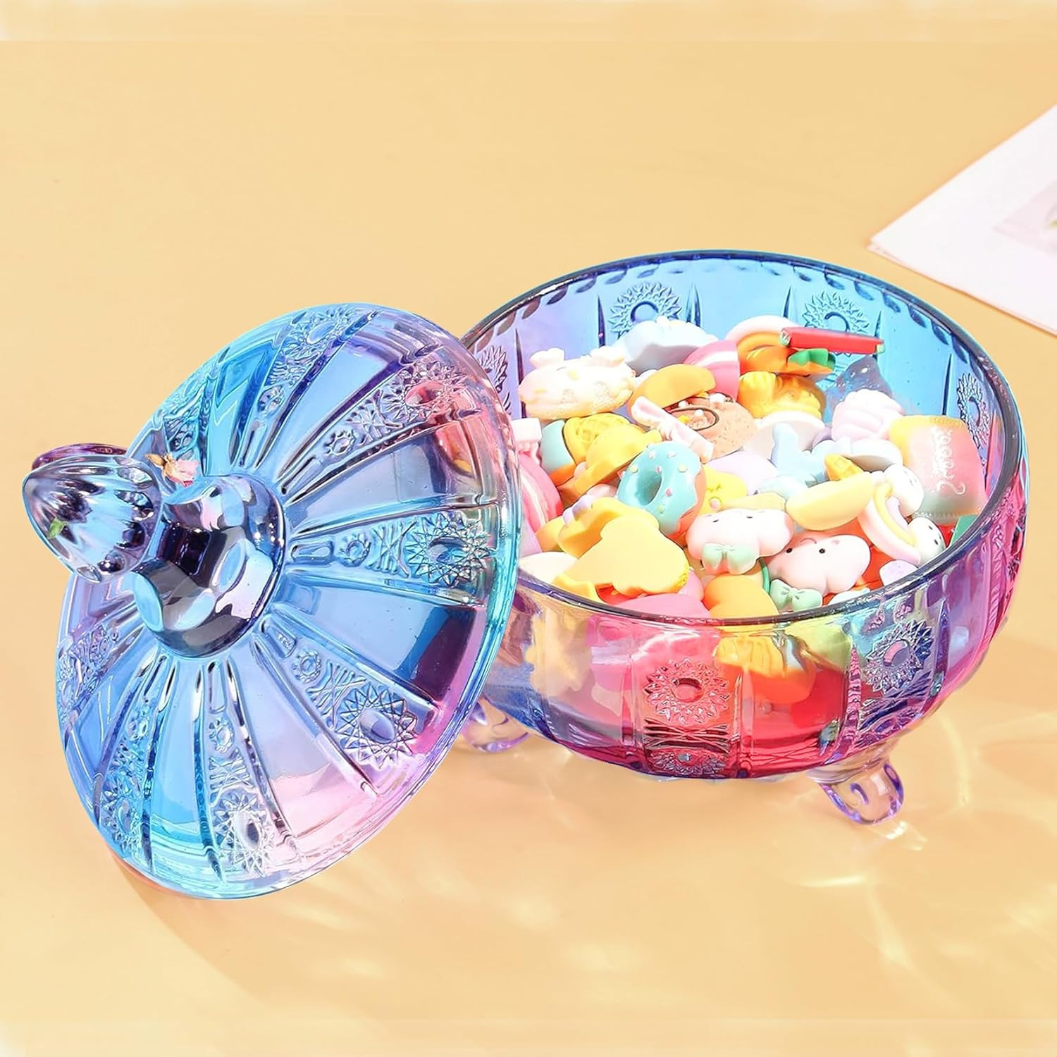 Purple-Blue Glass Candy Dish with Lid,Embossed Candy Jar with Lid 16Oz,Vintage