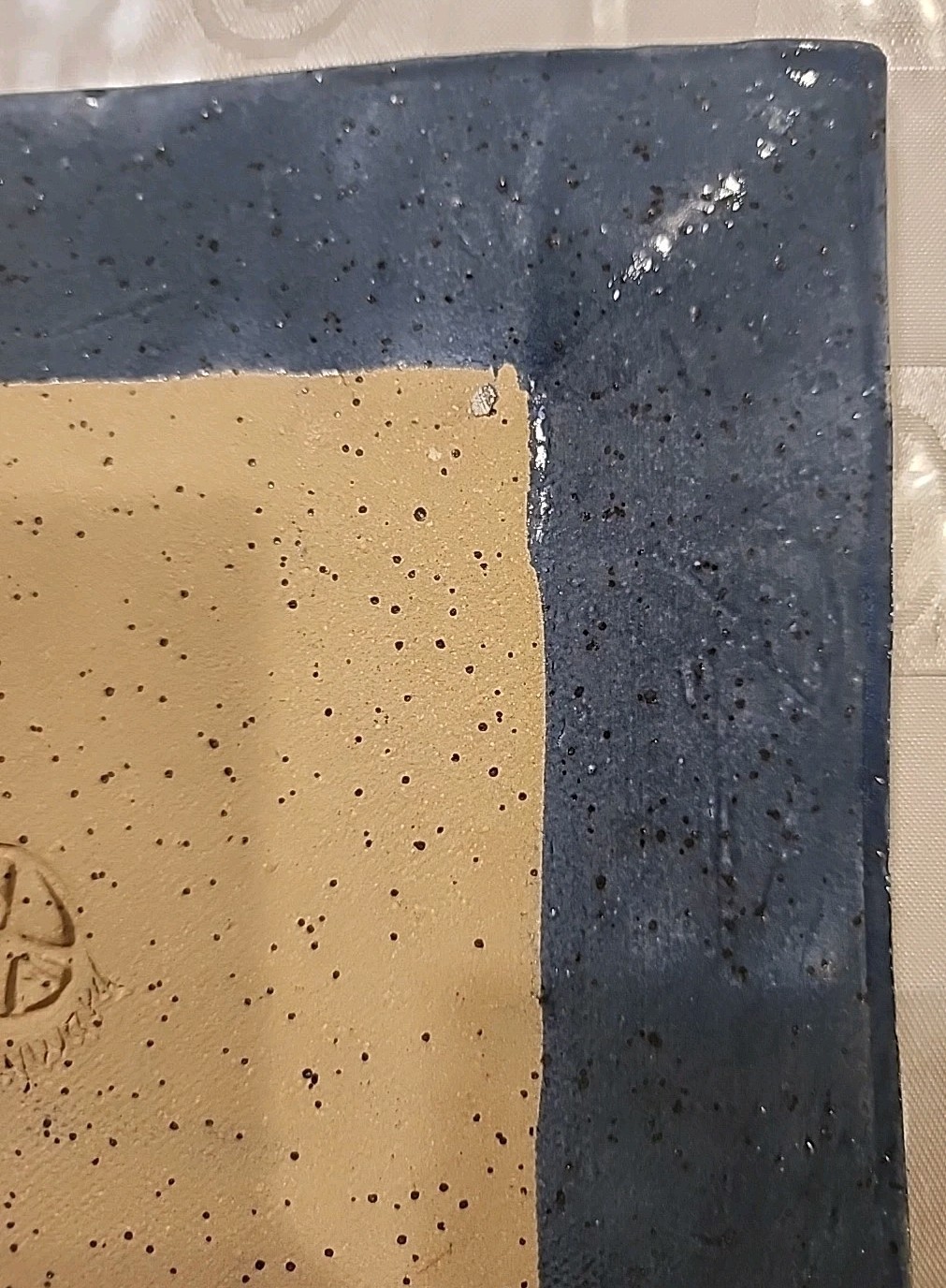 2 Studio Pottery Square Plates Hand Thrown Blue Tan Clay Stamped/Signed 9”, 5.6″