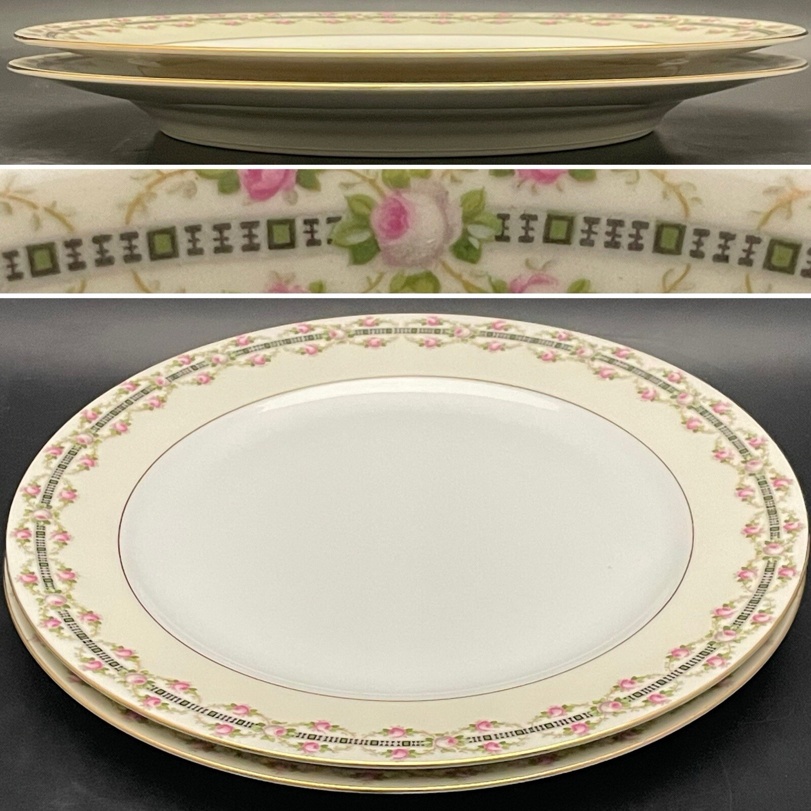 HW Crown Bohemian Rose Vines Dinner Plates 2pc Set Czechoslovakia 5″dia