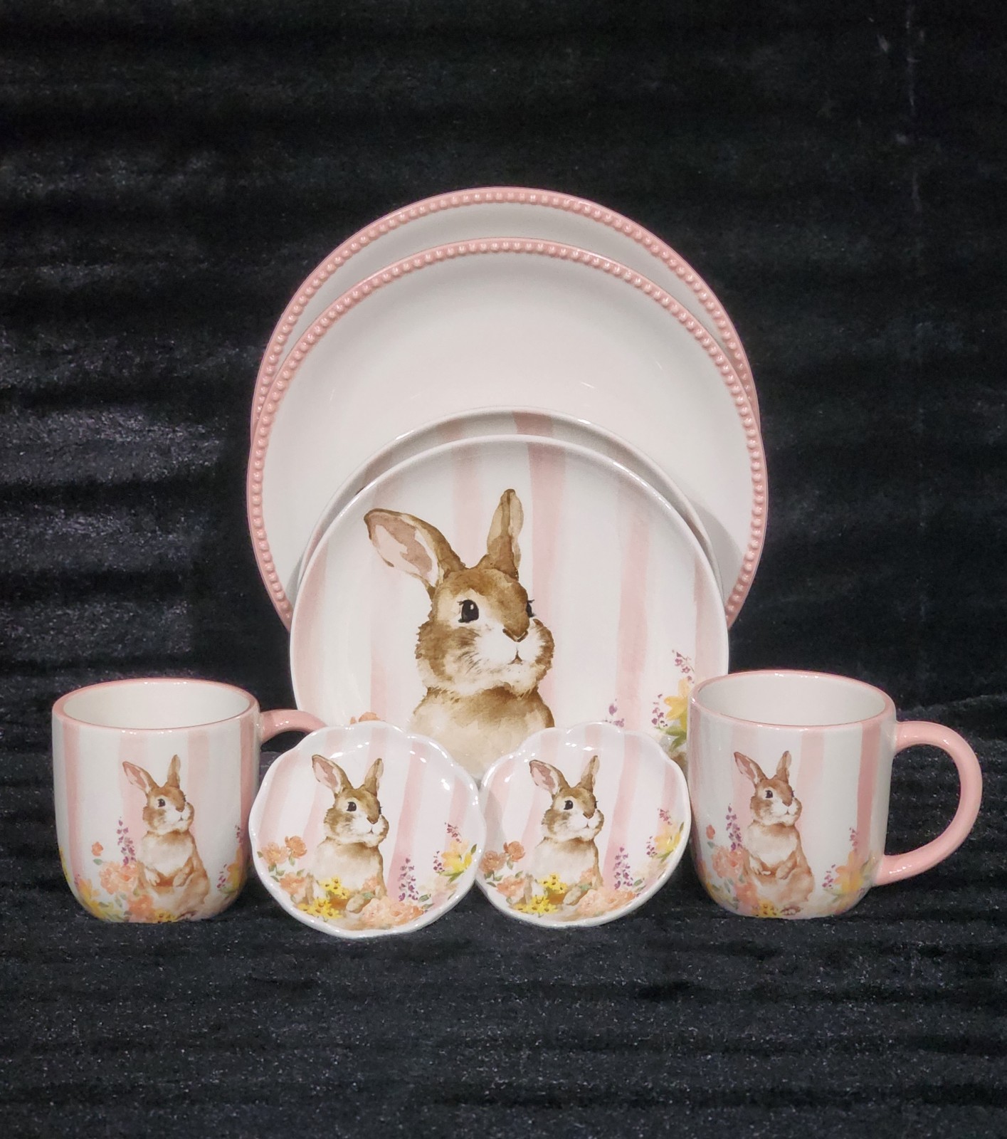 4 Pink White Floral Bunny Striped Tidbit Plates 4.4″ Ceramic Easter Watercolor