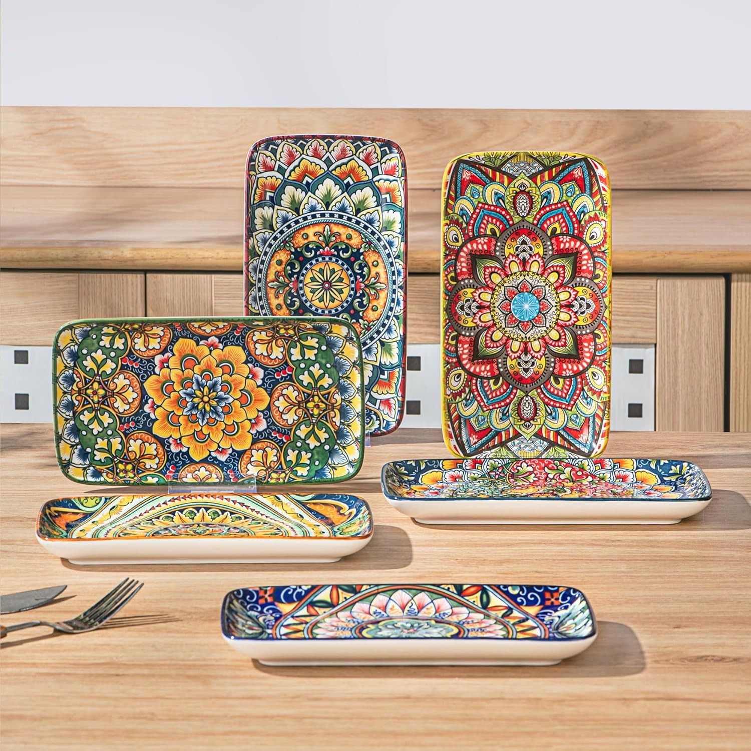 Ceramic 8 Inch Salad Plates, Rectangular Salad Plate Set of 6, Bohemian Servi…