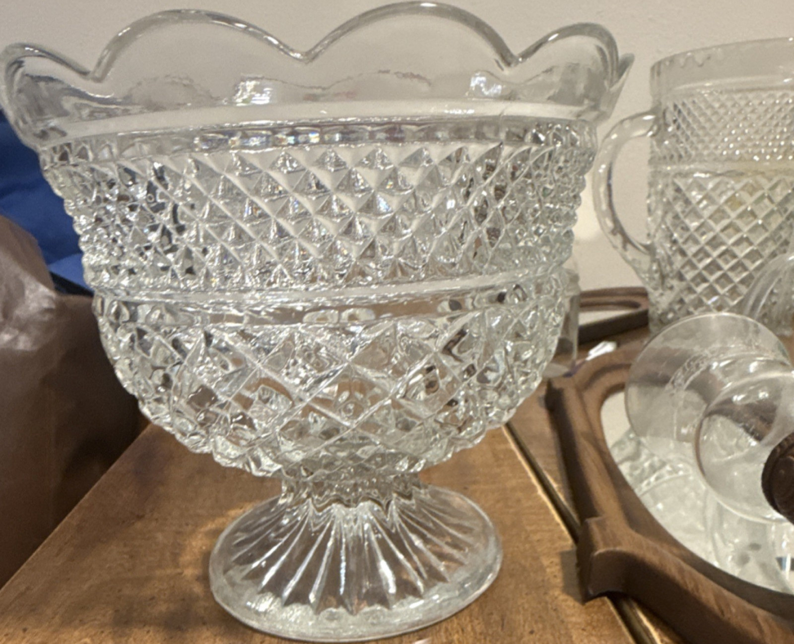Clear Pressed Glass Pedestal Compote Bowl Diamond Pattern Decorative Round