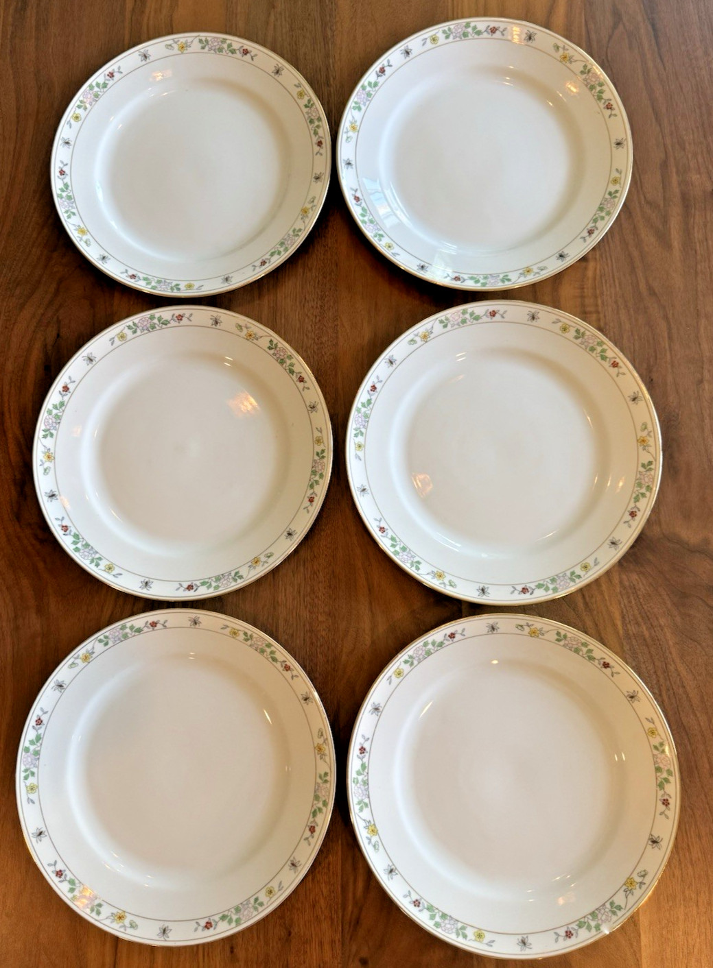 Noritake N1611 Field Japan (6) Dinner Plates Flowers Bees Rare Gold Hand Painted