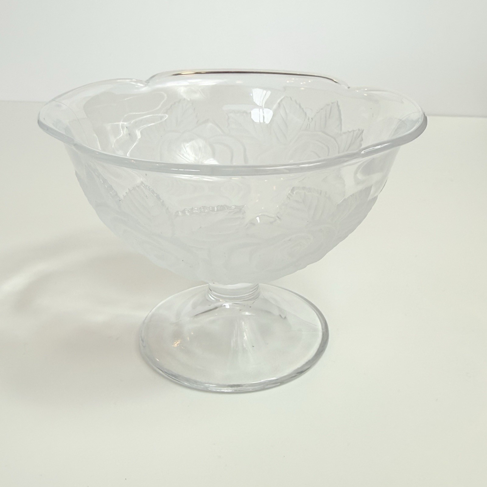 Vintage Clear Frosted Glass Rose Footed Pedestal Bowl Coquette Cottagecore
