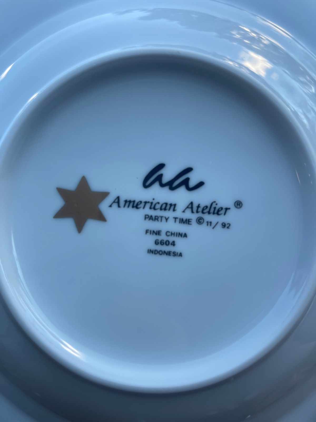 1992 American Atelier Fine China Party Time set 4 Soup Bowl Gold Star Fireworks