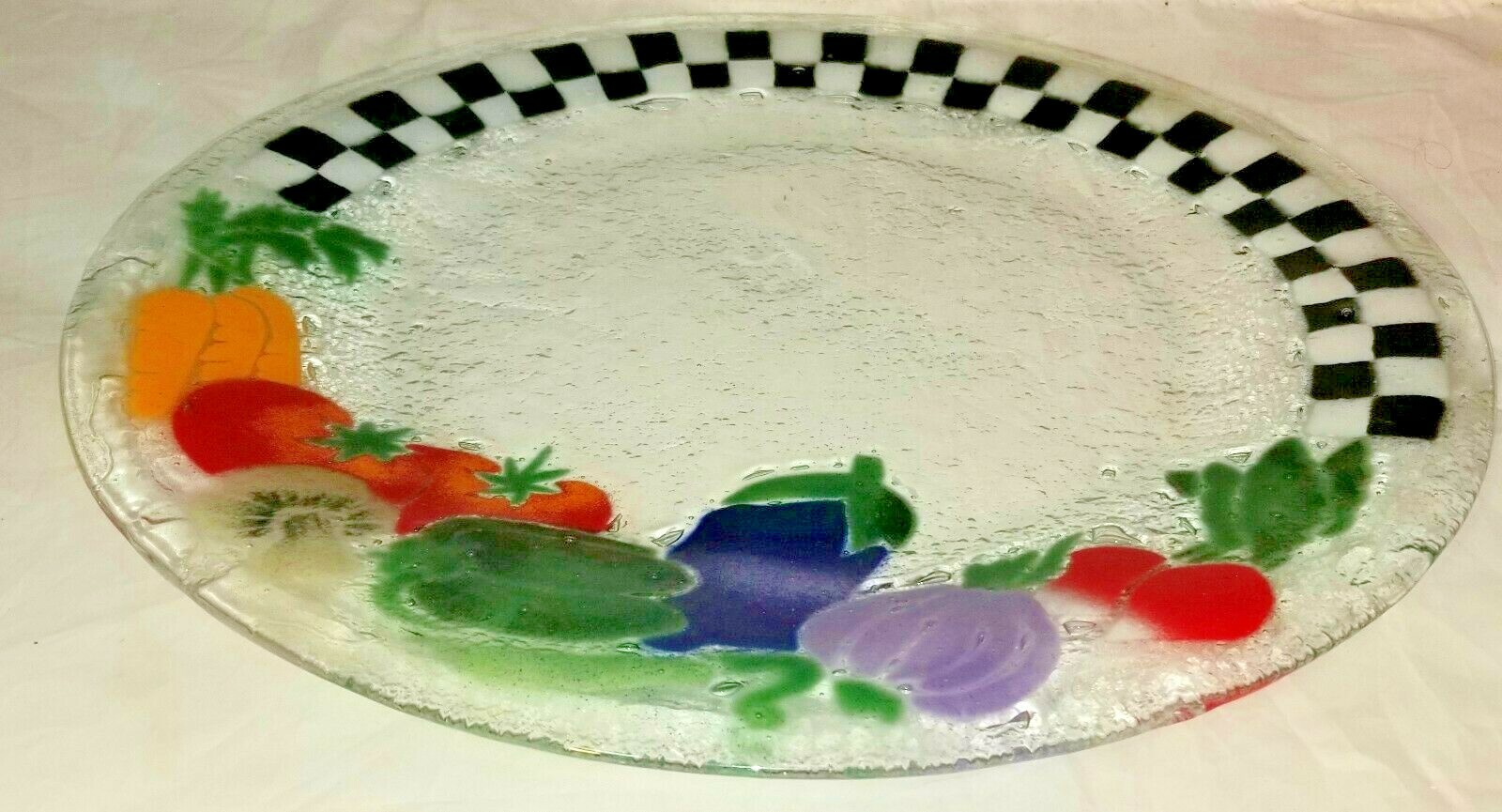 VTG PEGGY KARR HARVEST VEGGIES FUSED STUDIO ART GLASS COLORFUL PLATE PKG USA