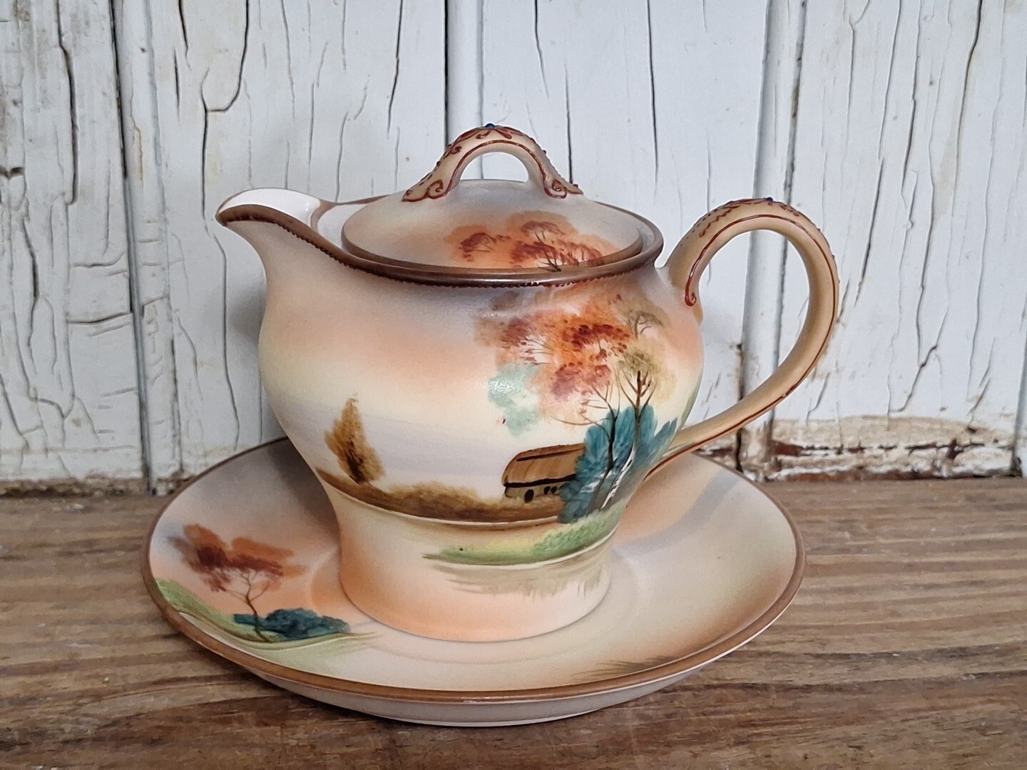 Antique Morimura Nippon Hand Painted Porcelain Creamer with lid, Saucer Moriage