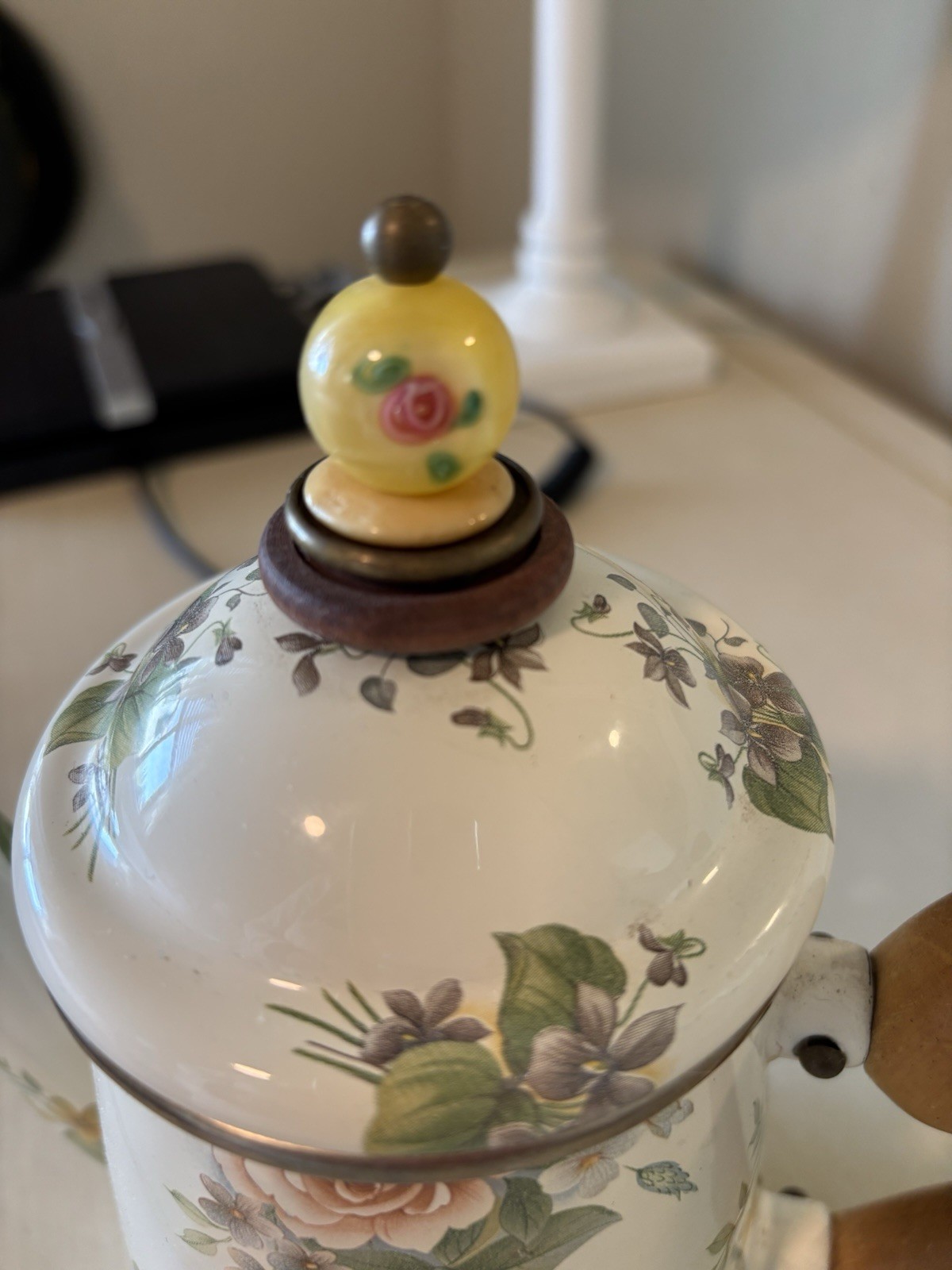 MacKenzie Childs VTG Camp Beige Floral Teapot Enamel Wood Handle