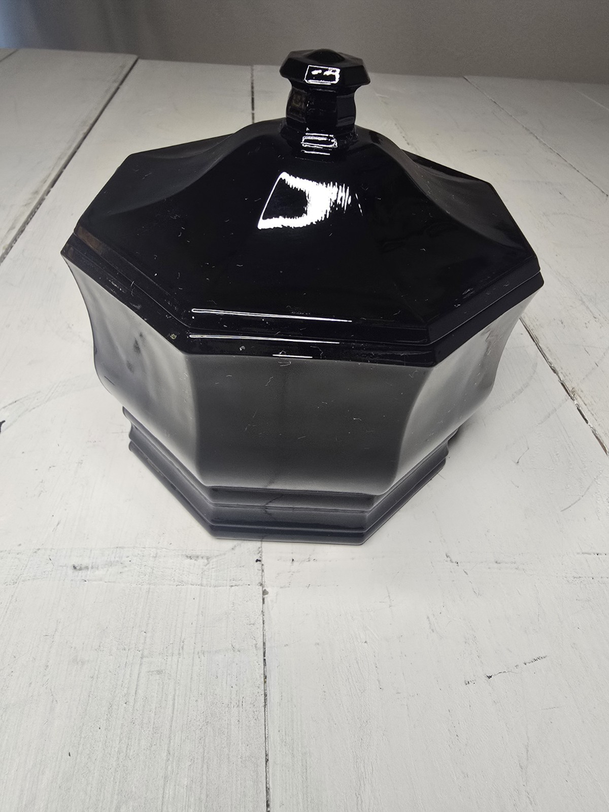 L.E. Smith Black Amethyst Glass Octagon Covered Candy Jar