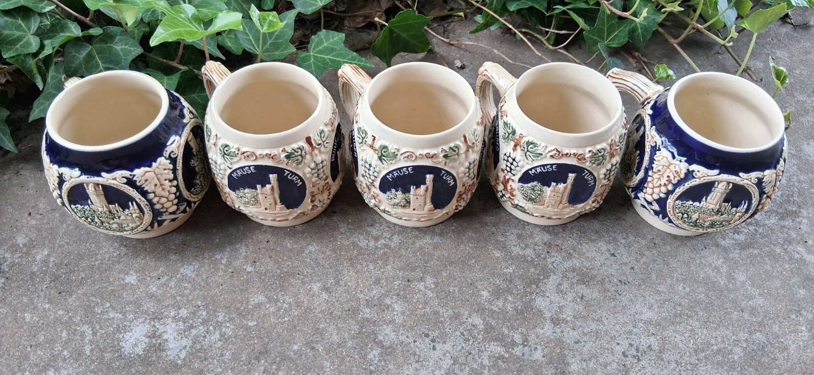 5 German Stoneware Mugs By Marzi & Remy “2835” 2 Cobalt Blue & 3 Cream Mugs