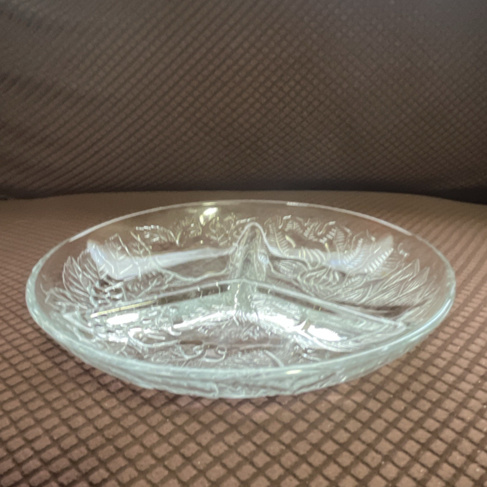 Clear Glass Divided Dish with Fruit and Leaves Pattern, 3 Compartments, 8 in
