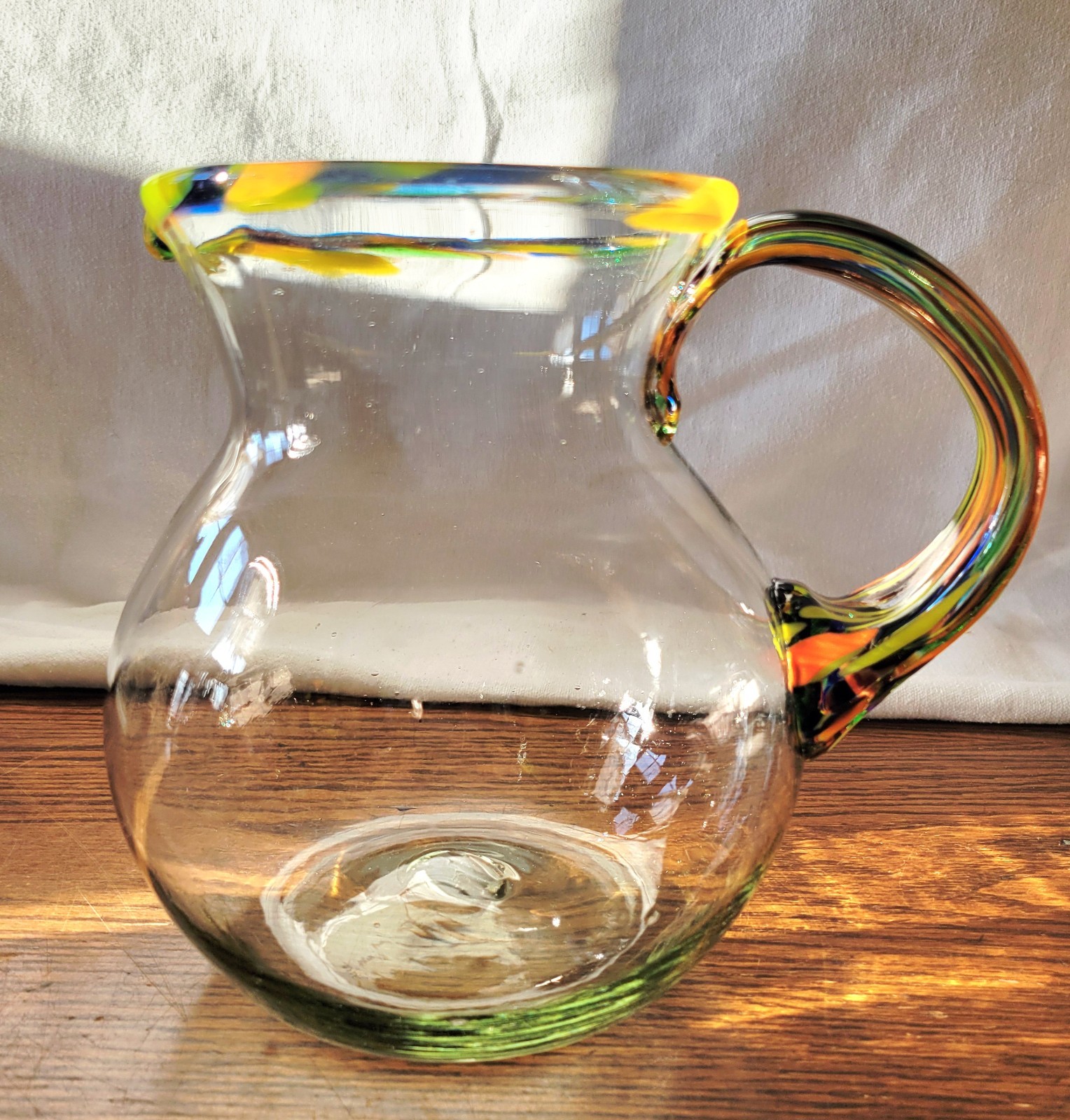 MCM Mexican Hand-Blown Art Glass “Bola” (Ball) Pitcher with Multi-Colored Rim…