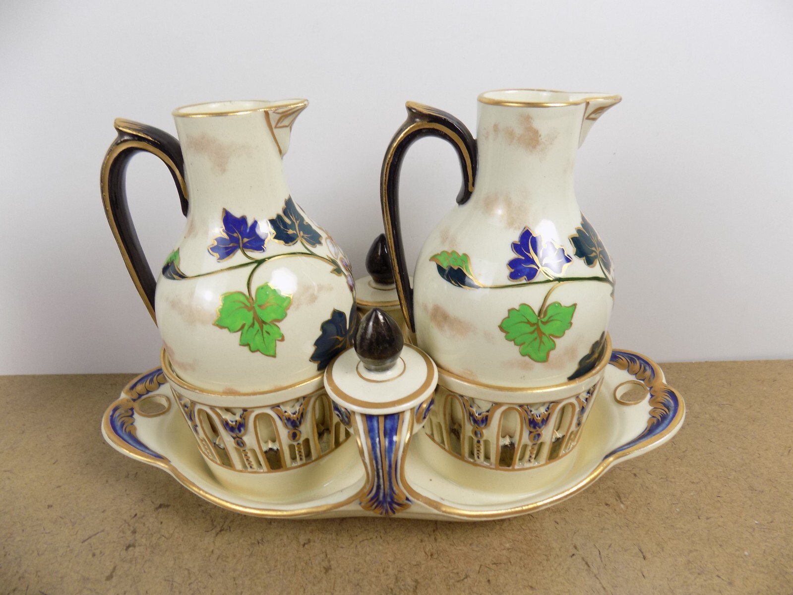 Antique Keller & Guerin Luneville Cruet Set Butterfly & Flower France