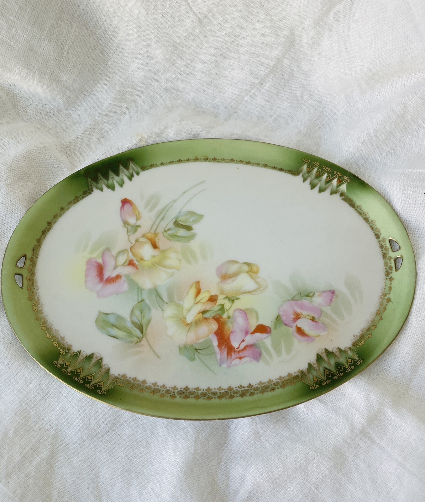 RS Prussia Red Star Germany Floral Open Handle Relish Dish 11″
