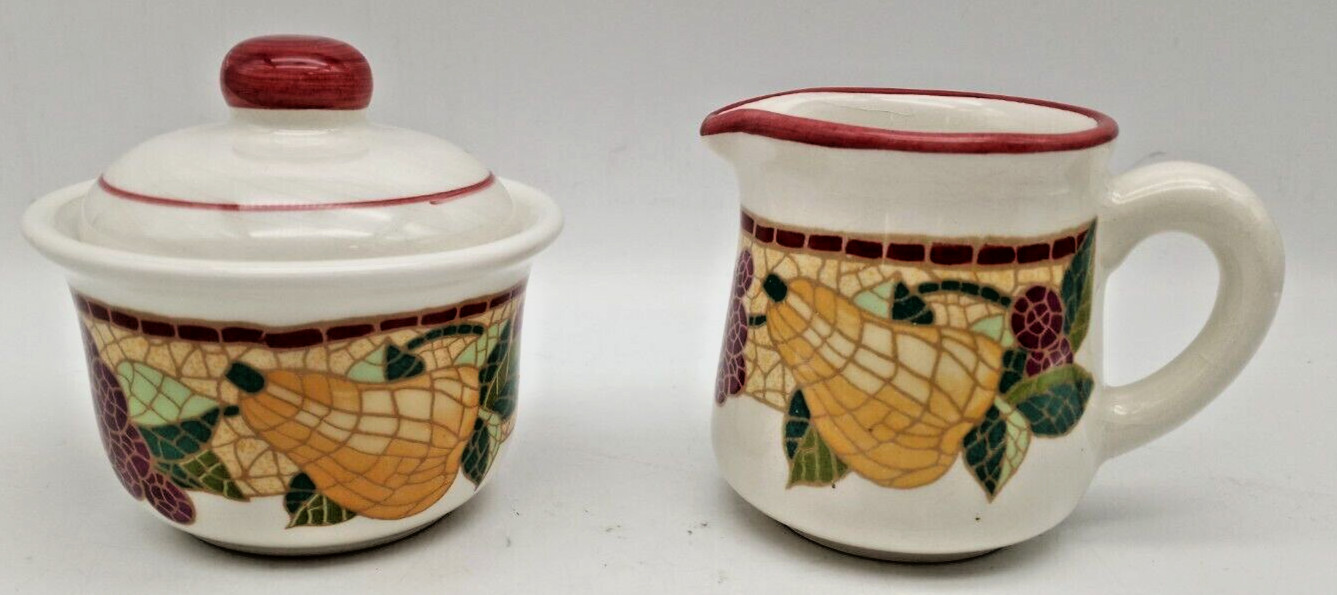 Pier 1 Set Creamer & Sugar w/Lid Mosaic Fruit Pattern Ceramic Earthenware-Italy