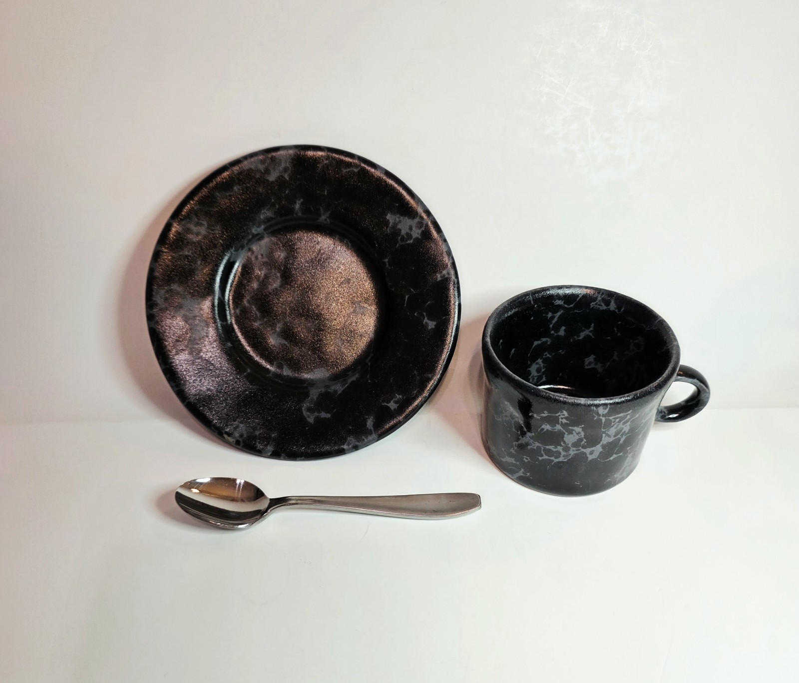 Rare Vintage Bennington Potters Black Agate Espresso Cup Saucer Set #1675 #1676