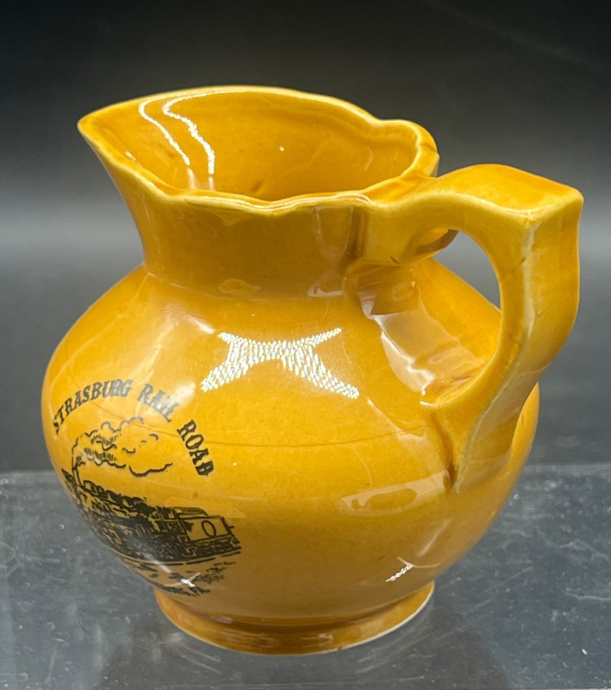 Mini Yellow Glazed Pottery Creamer Pitcher Saucer Strasburg PA Railroad Souvenir