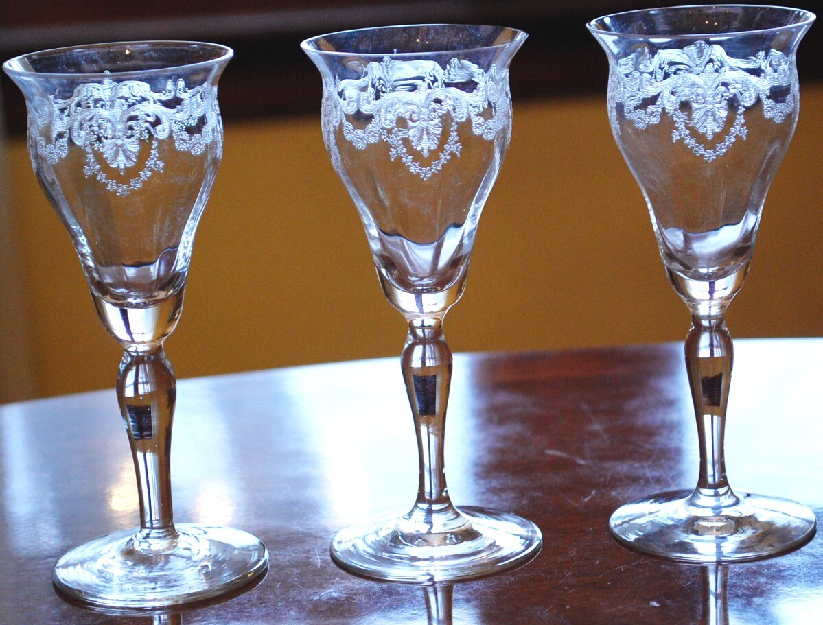 Antique BRYCE Set 3 Cocktail Glasses 5″ NEEDLE ETCHED OPTIC GLASS Garlands c1900