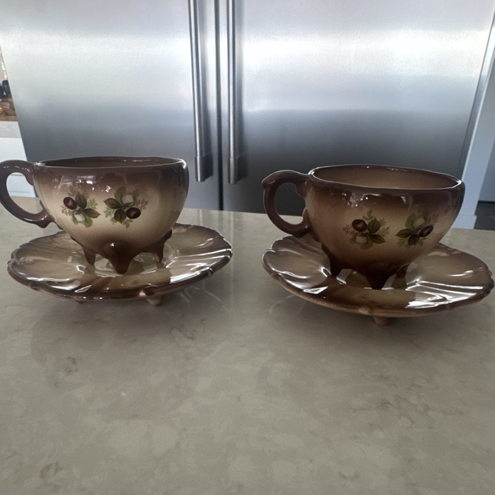 Ceramic Pottery Brown Beige Floral Pattern Four-Piece Cup & Saucer Set