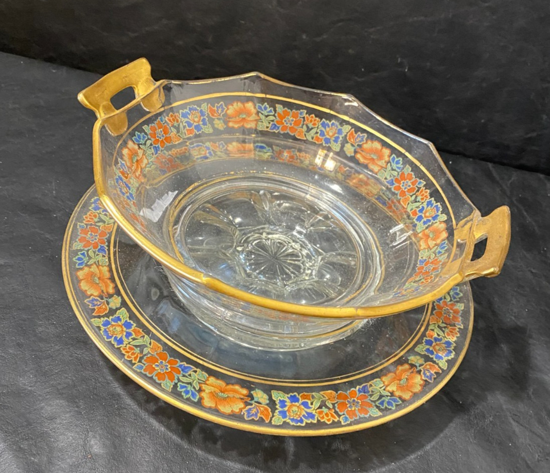 1940s serving bowl & cake plate floral pattern gold trim