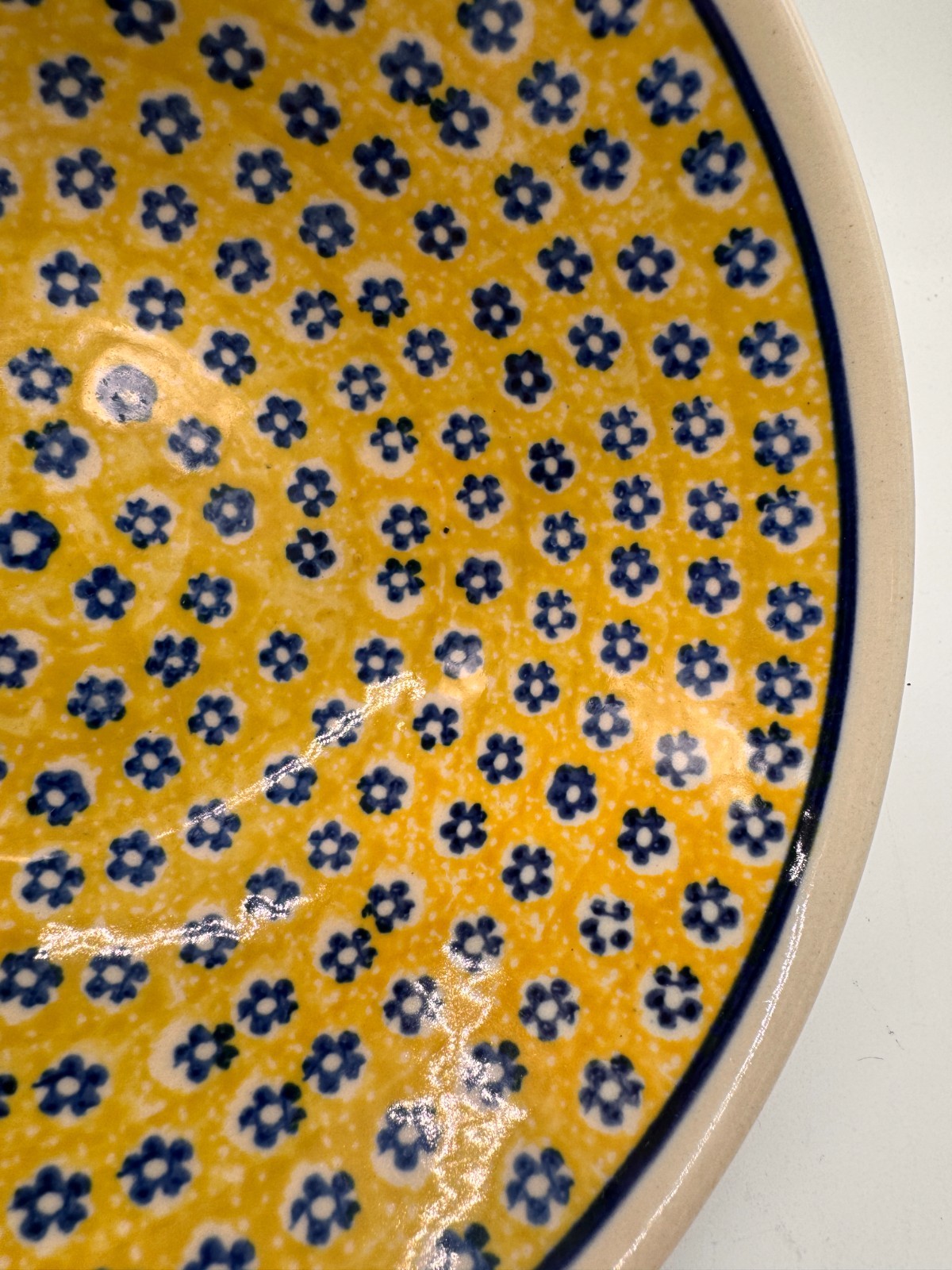 Boleslawiec Polish Pottery Bowl Yellow & Cobalt Blue Flower Pattern White Rim