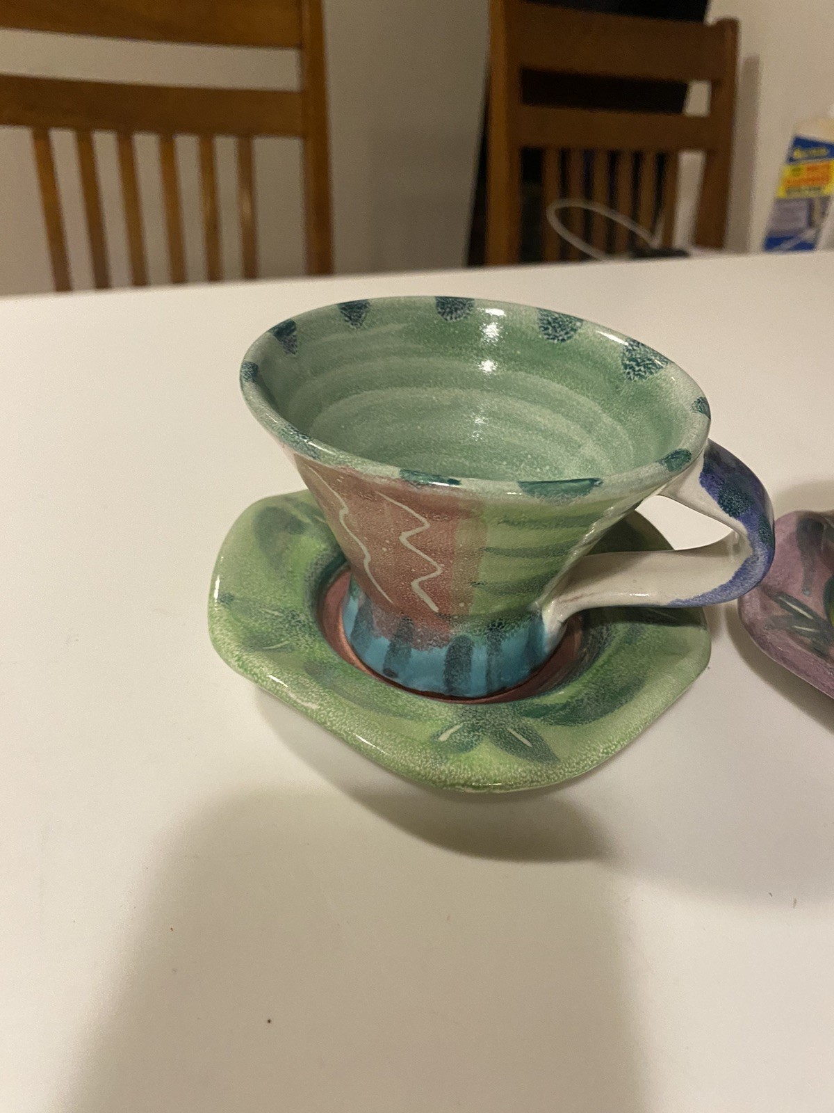 McKenzie Child Inspired Studio Pottery Cups & Saucers Handmade Signed Set Of 2