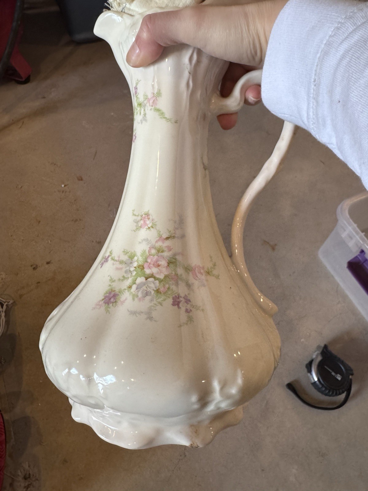 Vintage Ceramic Pitcher White Pink Green Glossy Ceramic Floral Pitcher w/ Handle