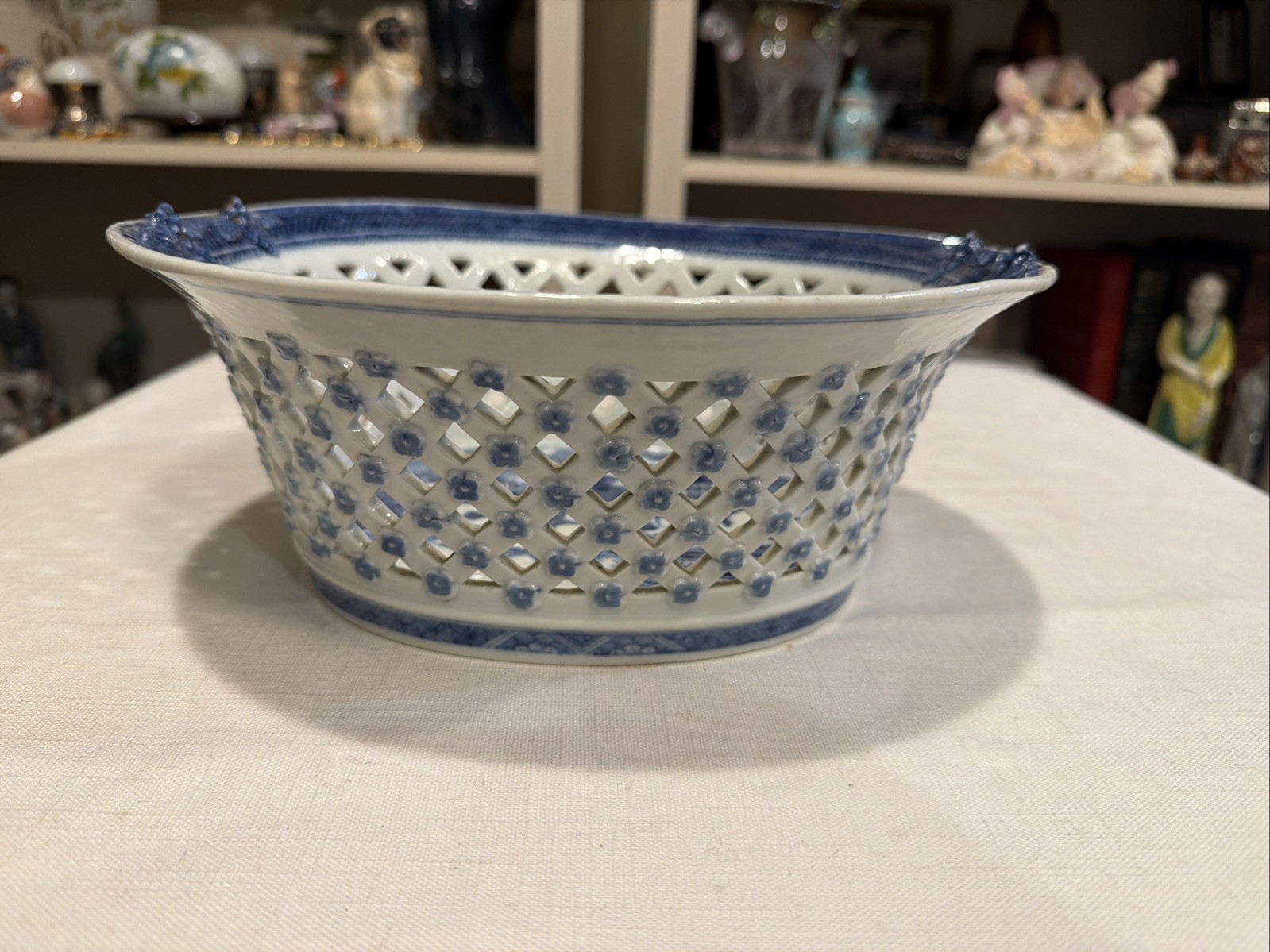 Rare Reticulated Canton Blue and White Chestnut Bowl Antique Transferware