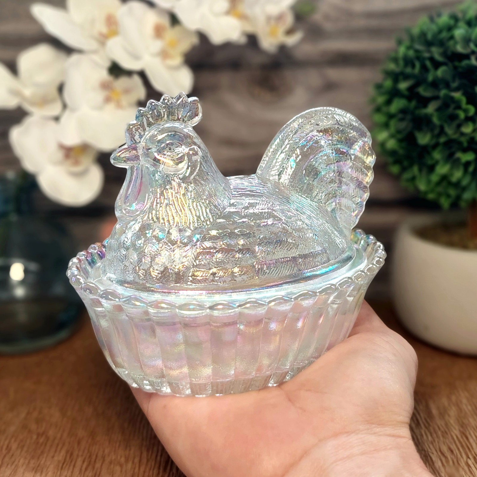 Carnival Glass Rooster Hen on Nest Chicken Candy Dish, Depression Style