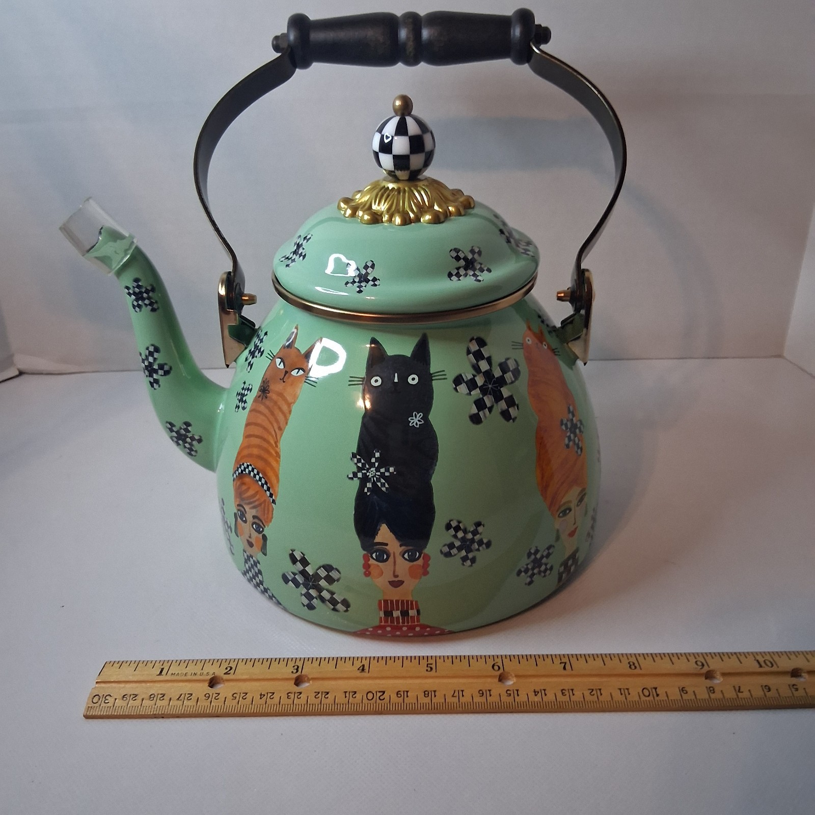 MacKenzie Childs Cat Lady Tea Kettle Green