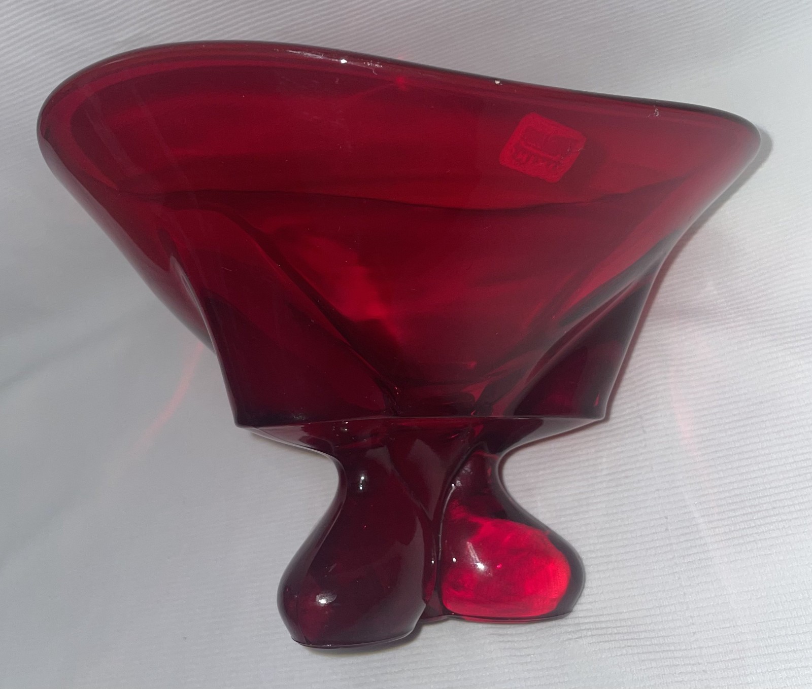 Viking Glass Ruby Red 3 Footed 3 Corner Bowl Original Sticker Attached 5 2/8 In.