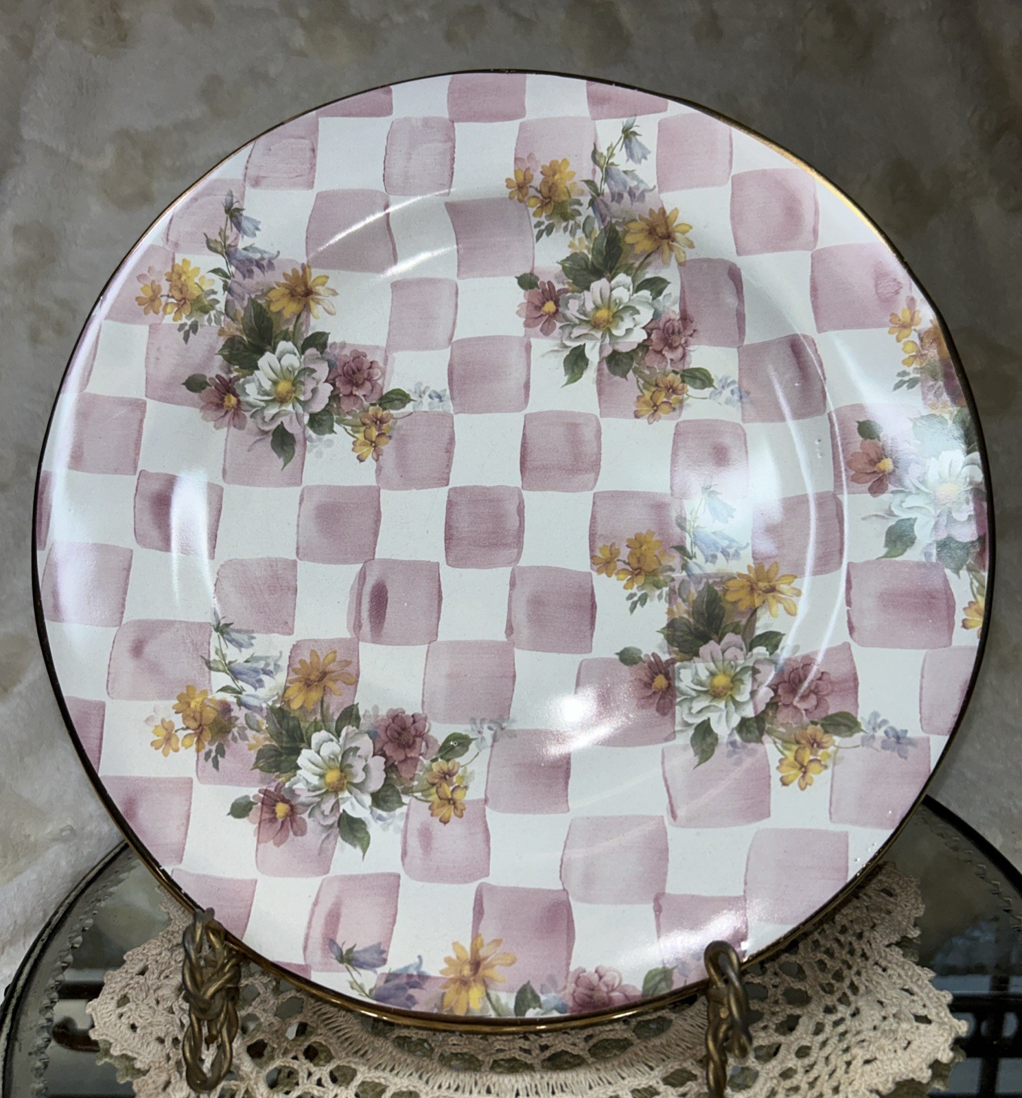 1990’s Mackenzie Childs “Rose Petal” Pink White 12” Cabinet Plate Lemon Curd