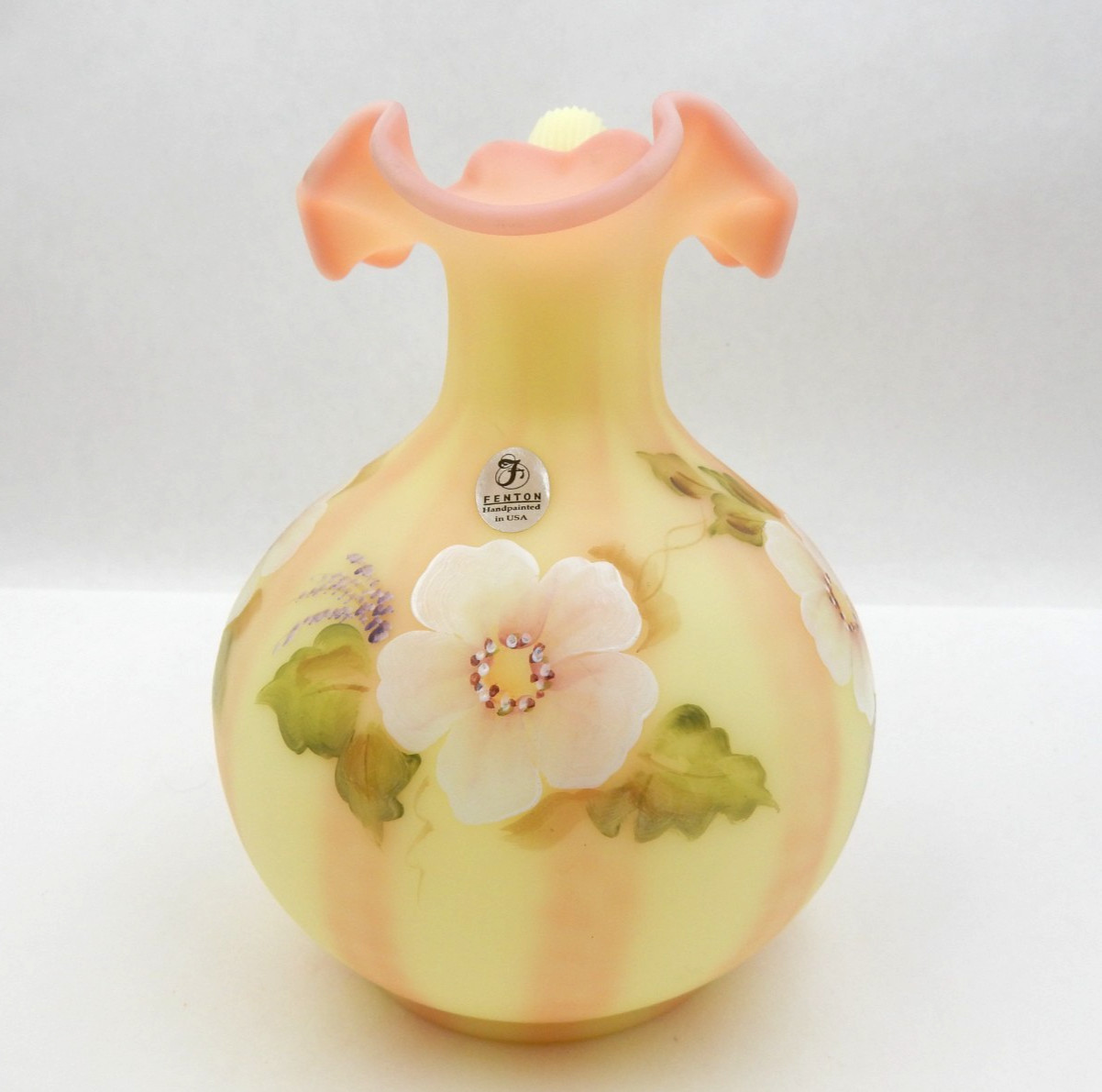 FENTON BURMESE URANIUM GLASS BILL FENTON 56 YEARS ANNIV. PITCHER, SIGNED, 6-1/2″