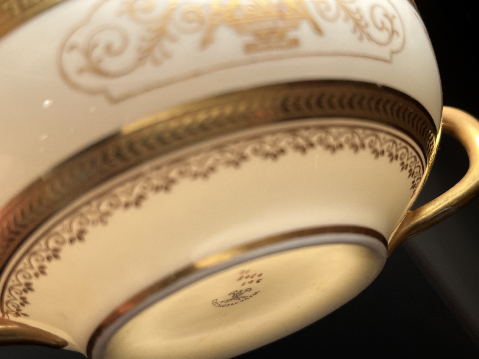 Antique Pirkenhammer Gold Encrusted Bouillon Cream Soup Cups Saucers Set of Six