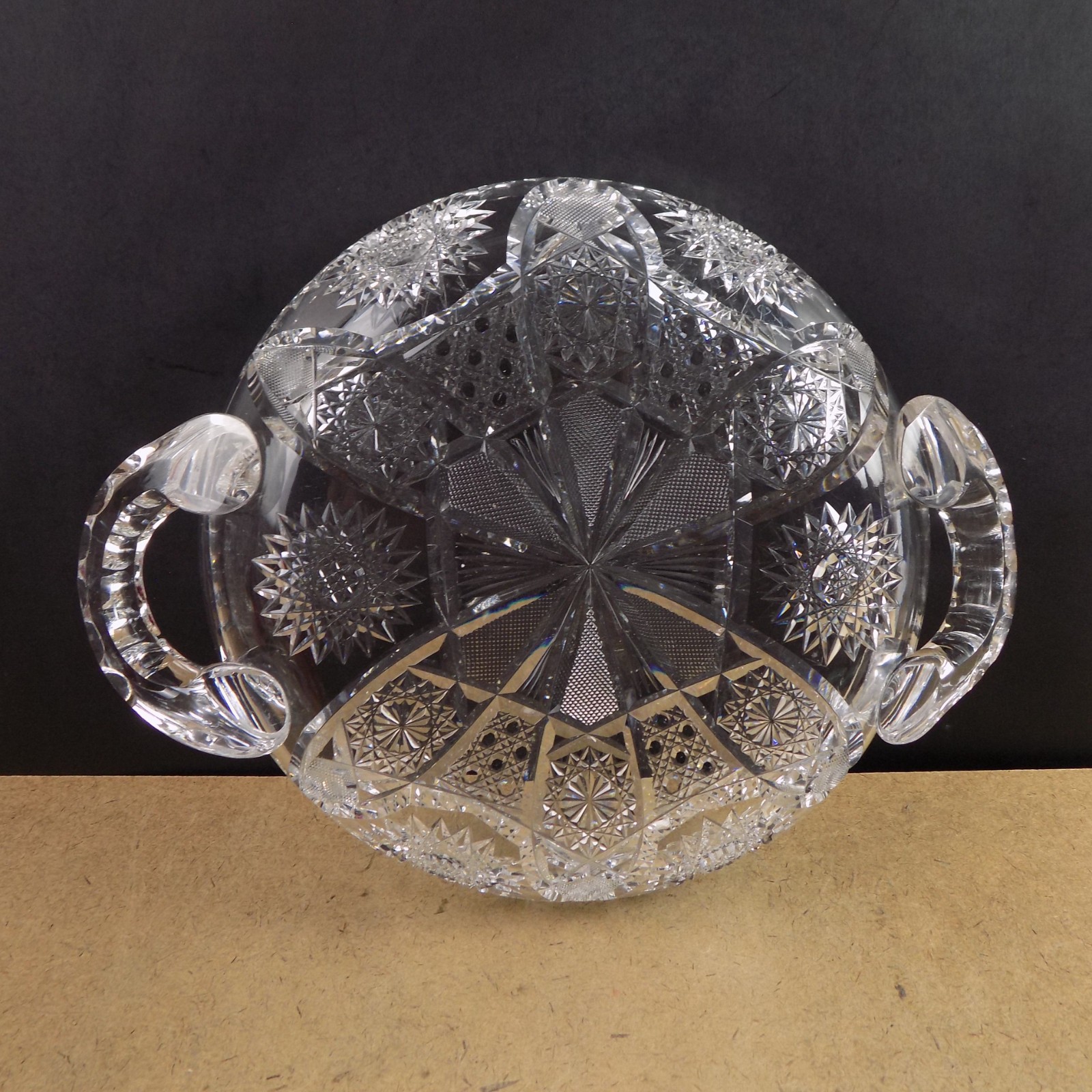 Antique American Brilliant Cut Glass Handled Low Bowl VGC 11″ Across