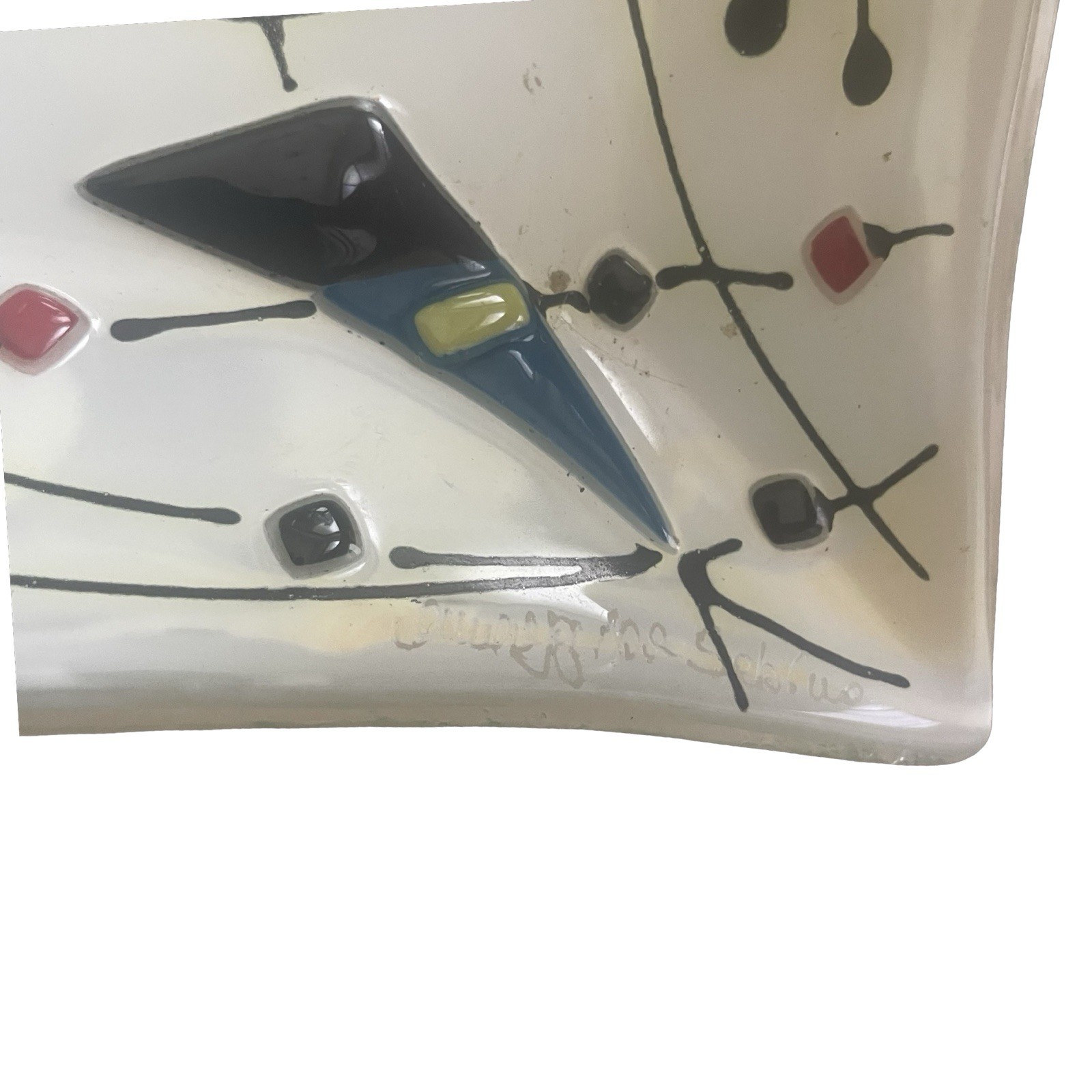 Vintage Fused Glass Abstract Art Plate Miro Kandinsky 6”” Square White