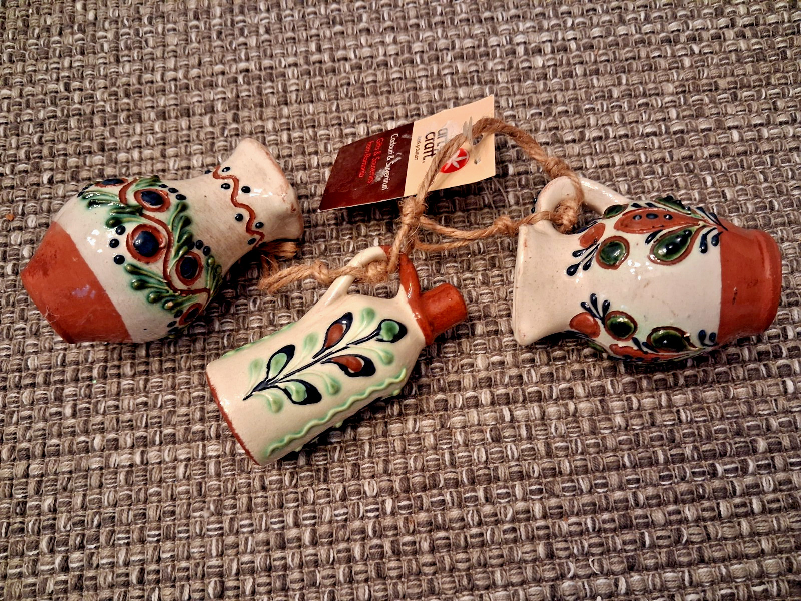 Set of 3 Miniature Romanian Hand-Painted Floral Pottery Jugs 3 Inches