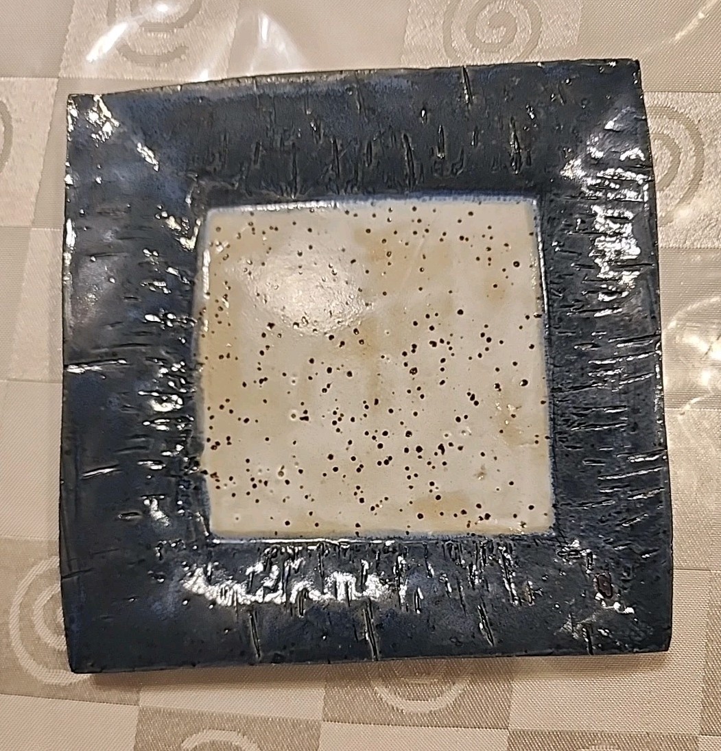 2 Studio Pottery Square Plates Hand Thrown Blue Tan Clay Stamped/Signed 9”, 5.6″